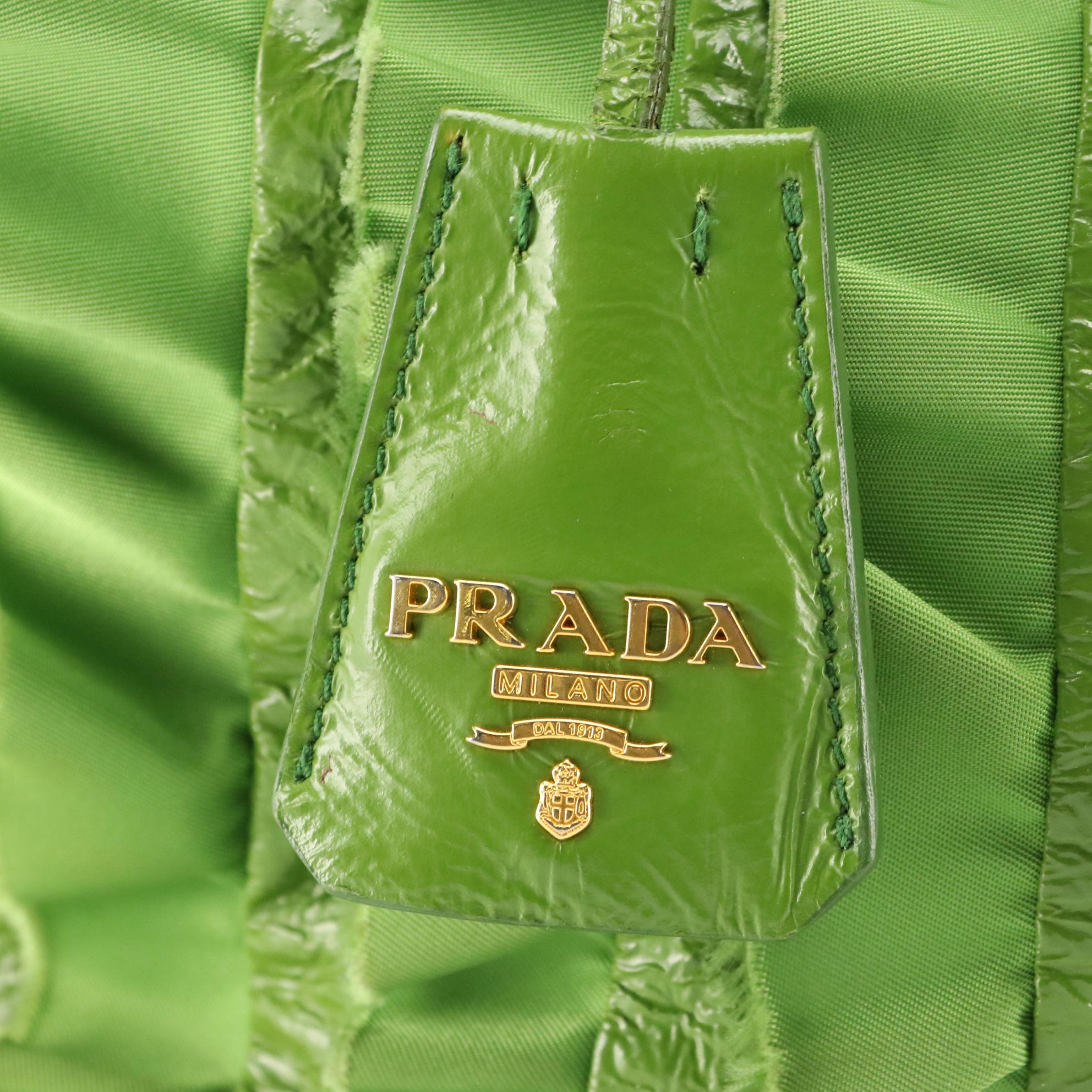 Prada Kelly Green Ruffled Tessuto and Patent Leather Top Handle Handbag