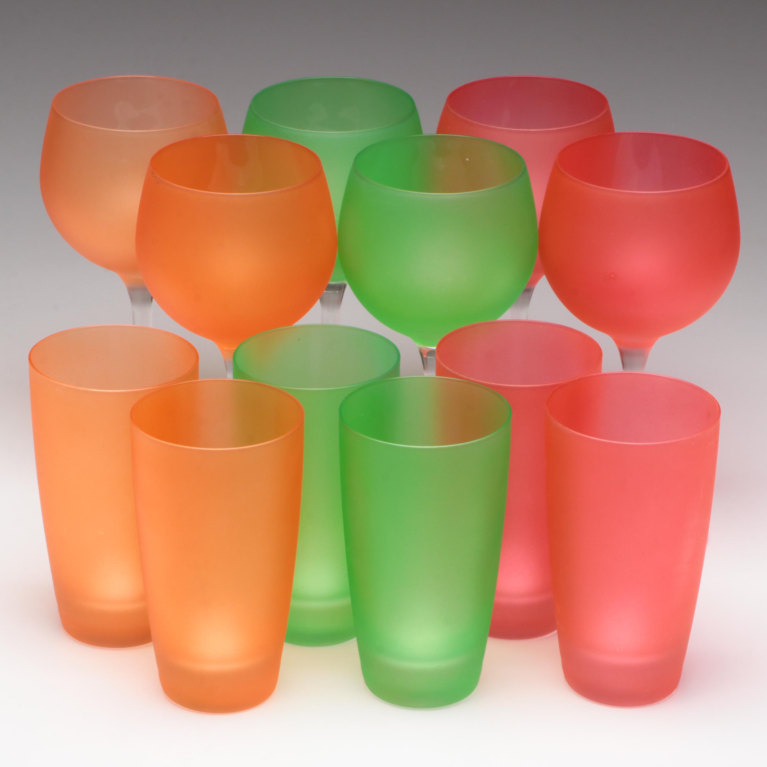 Neiman Marcus Frosted Orange, Red, and Green Wine Glasses and Tumblers