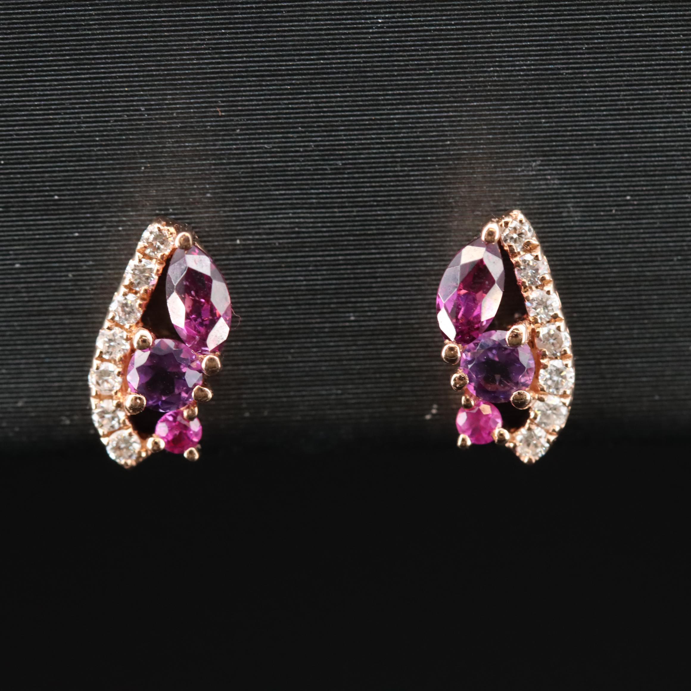 14K Rose Gold Ruby, Amethyst, Rhodolite Garnet, and Diamond Earrings