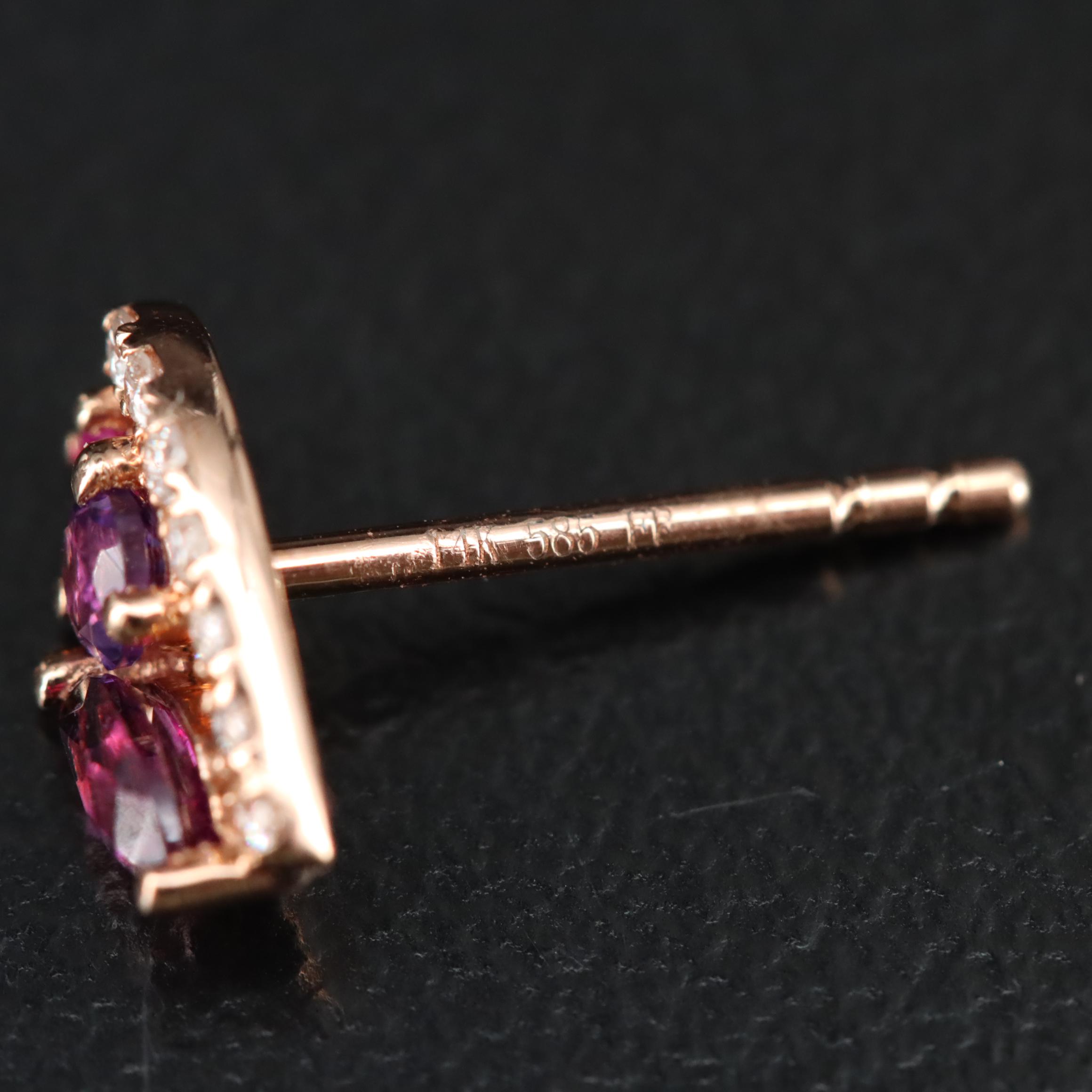 14K Rose Gold Ruby, Amethyst, Rhodolite Garnet, and Diamond Earrings