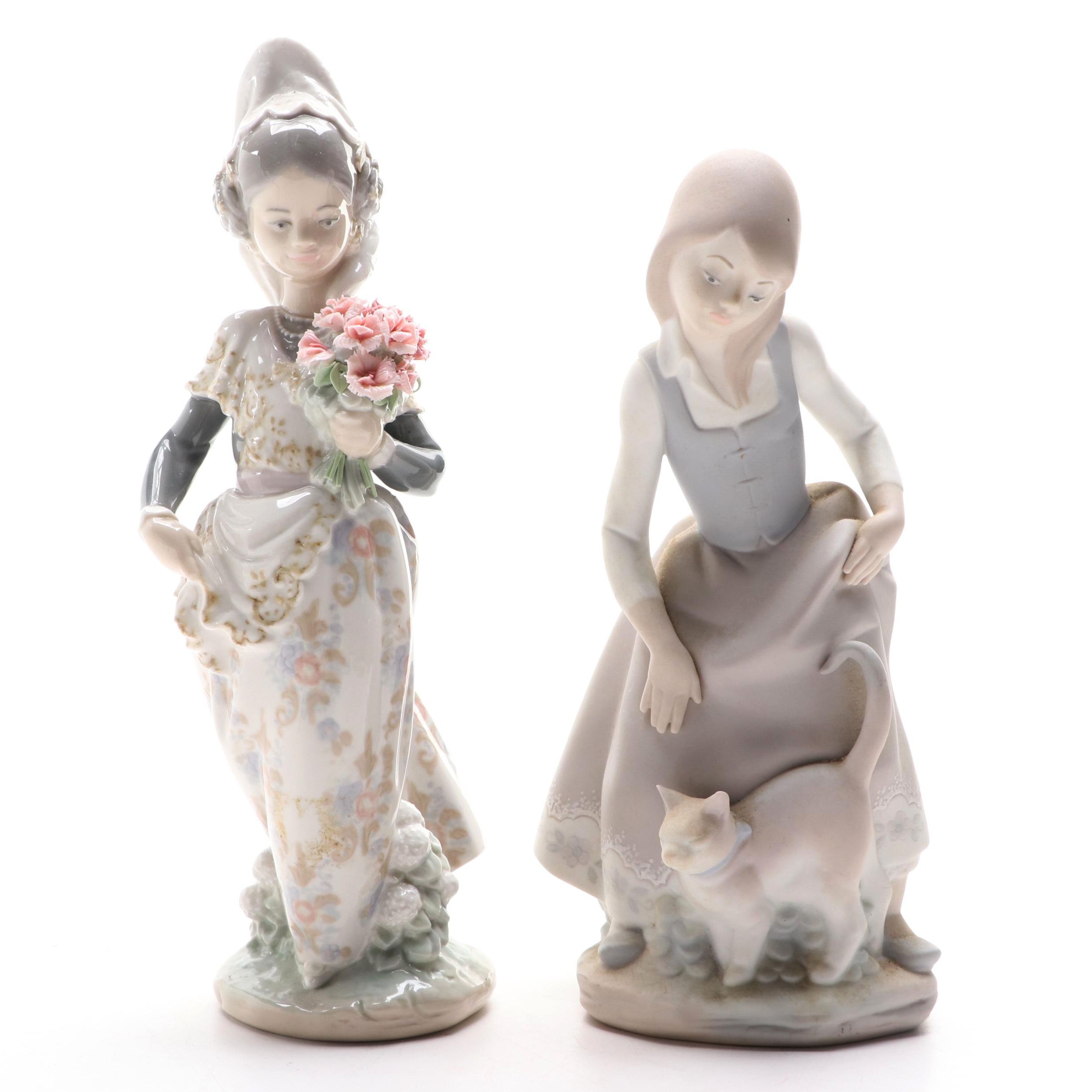 Lladró "Valencian Girl with Flowers" and "Little Girl with Cat" Figurines