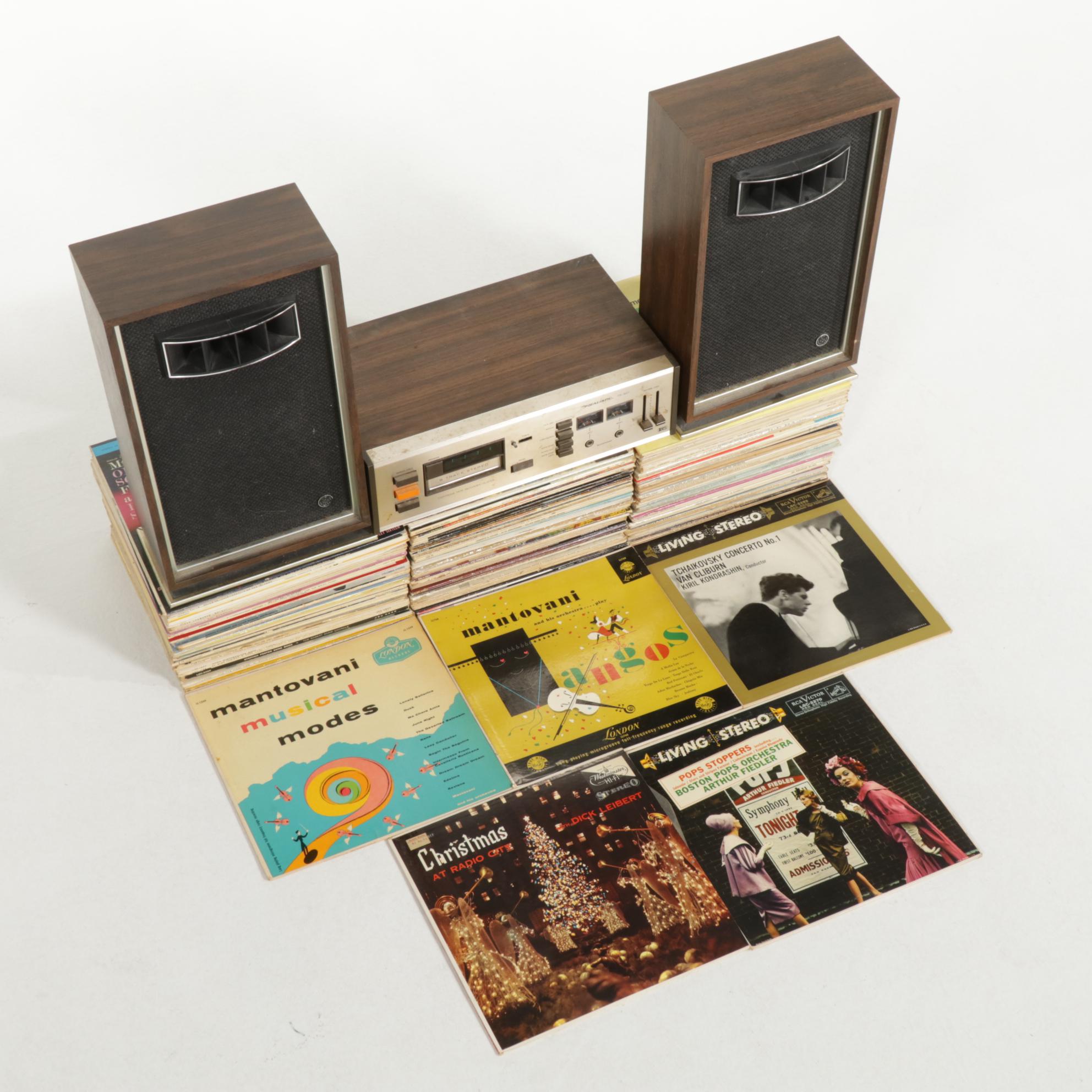 Realistic Stereo 8-Track Player, Air Suspension Speakers, and Vinyl Records