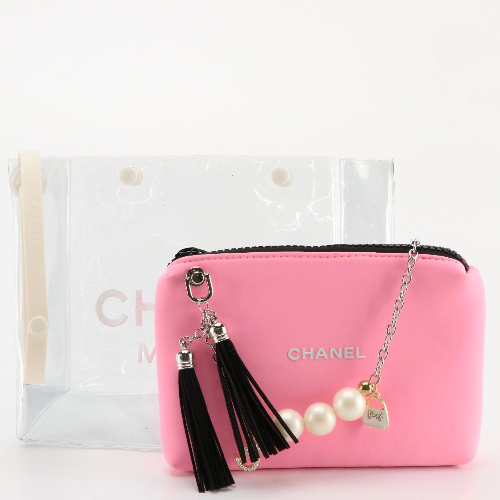 Chanel Makeup Pouches in Neon Pink Neoprene and Clear Vinyl