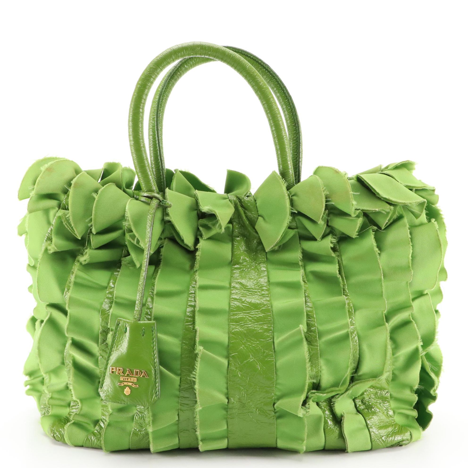 Prada Kelly Green Ruffled Tessuto and Patent Leather Top Handle Handbag