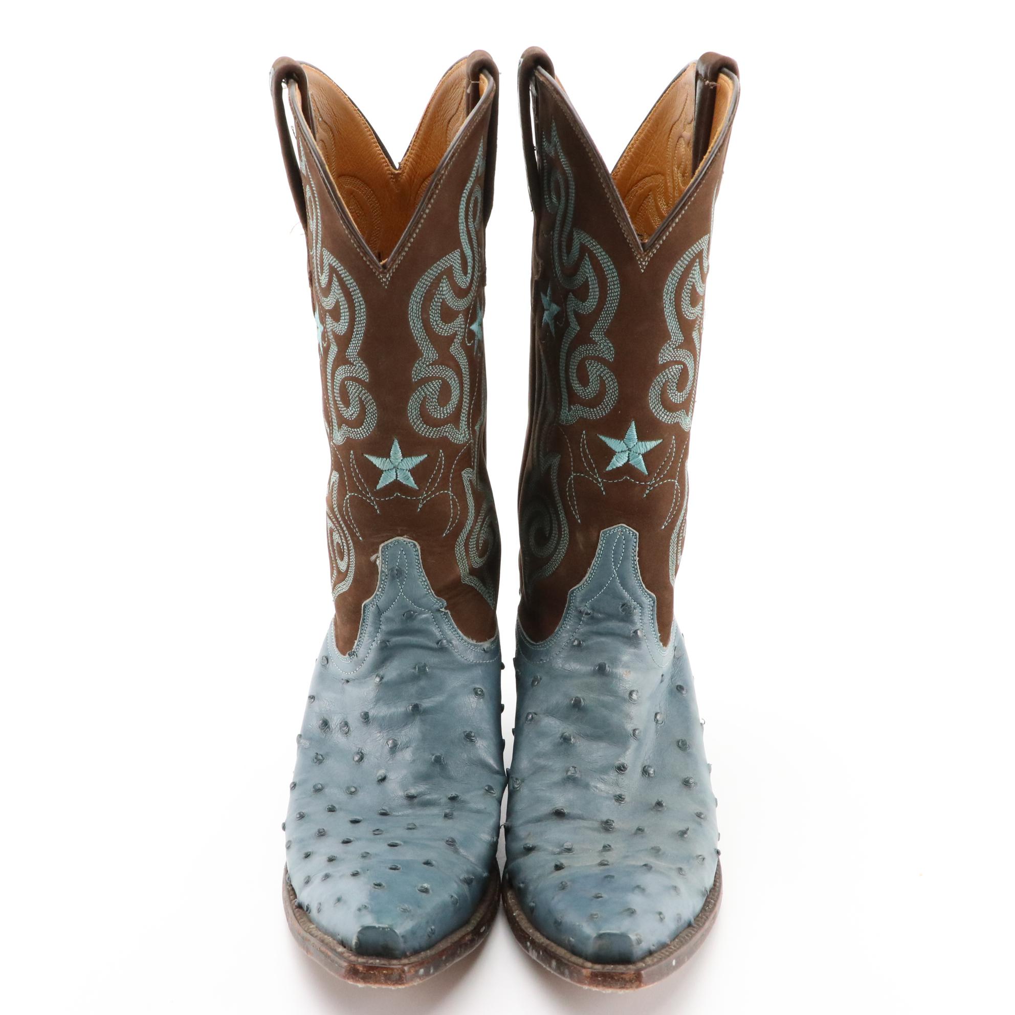 Lucchese Handmade Embroidered Ostrich Skin and Leather Snip-Toe Western Boots