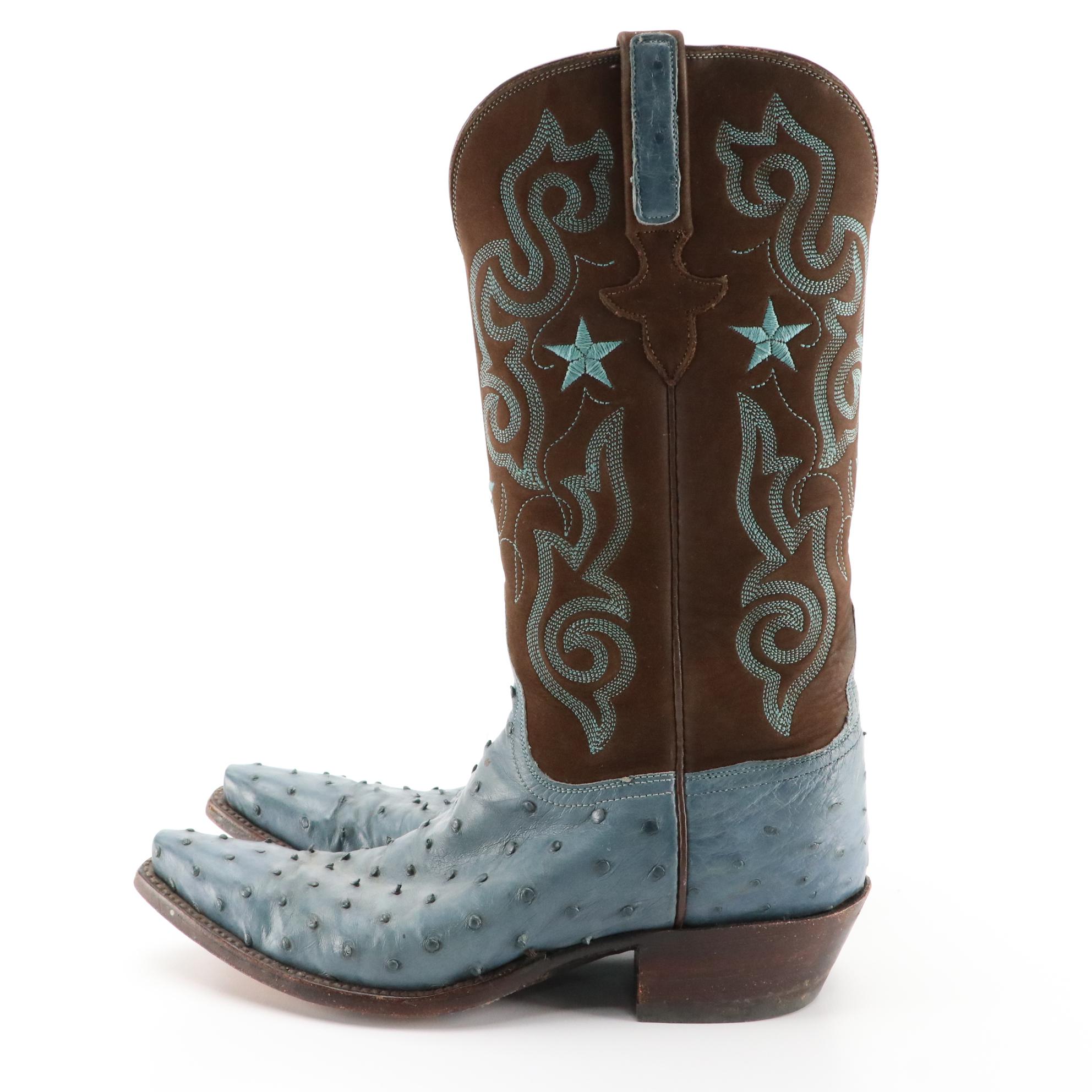 Lucchese Handmade Embroidered Ostrich Skin and Leather Snip-Toe Western Boots