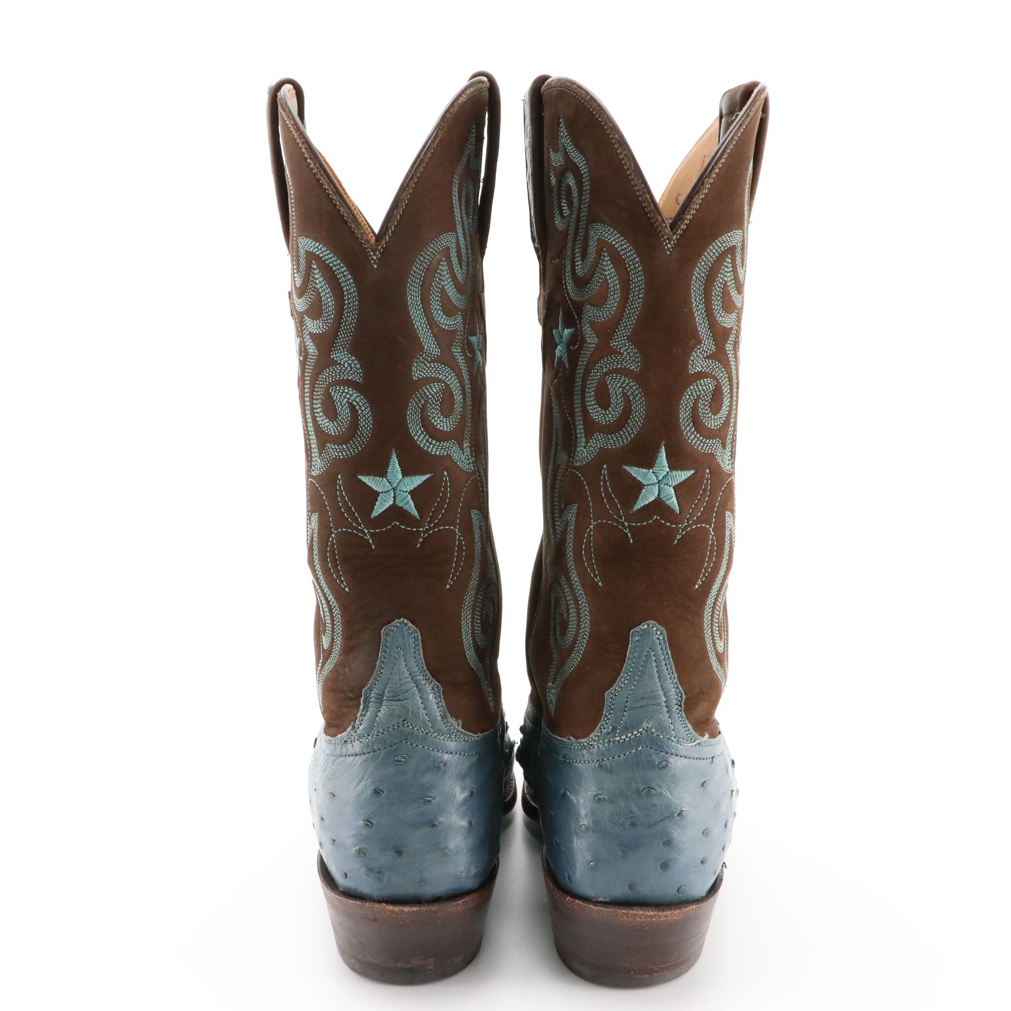 Lucchese Handmade Embroidered Ostrich Skin and Leather Snip-Toe Western Boots