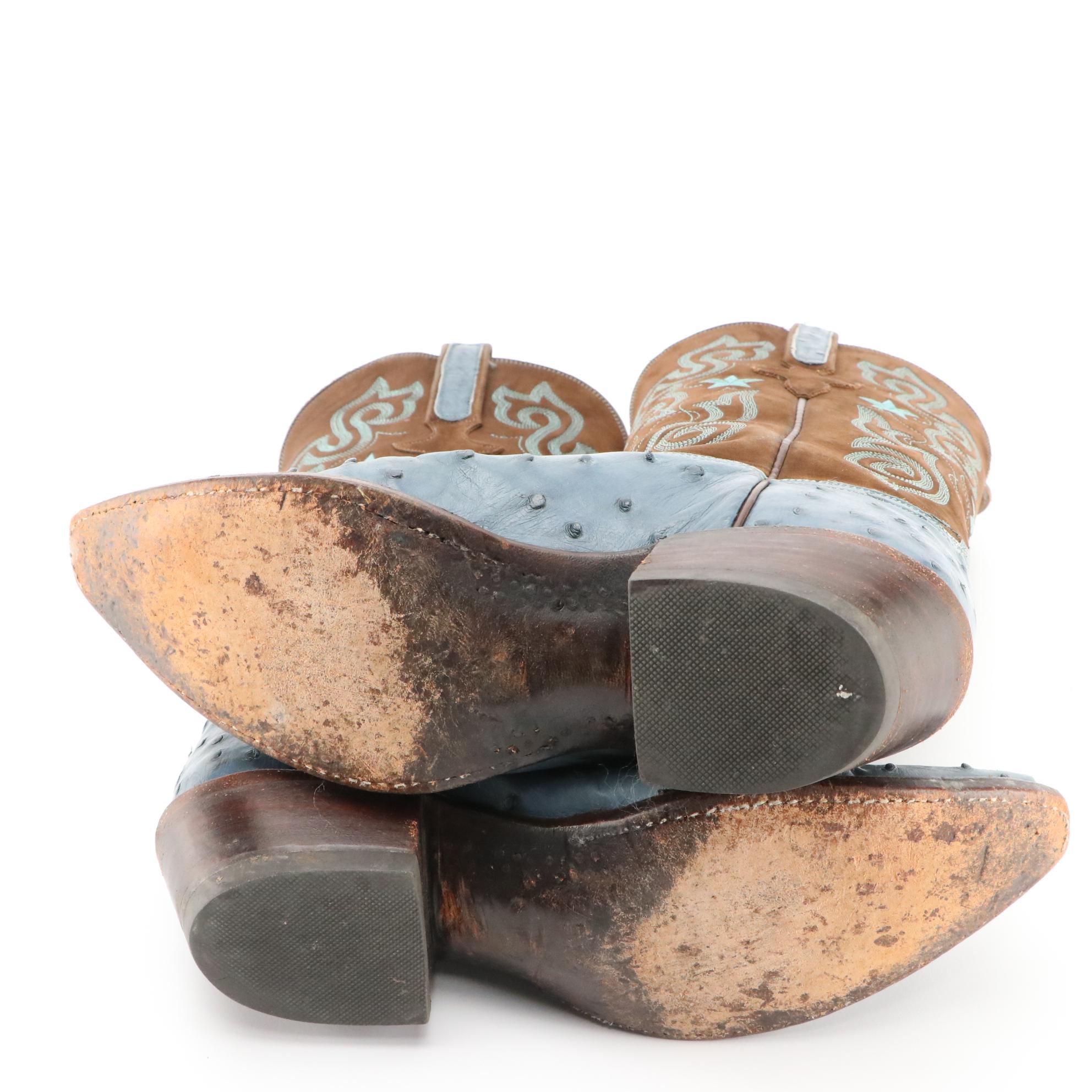 Lucchese Handmade Embroidered Ostrich Skin and Leather Snip-Toe Western