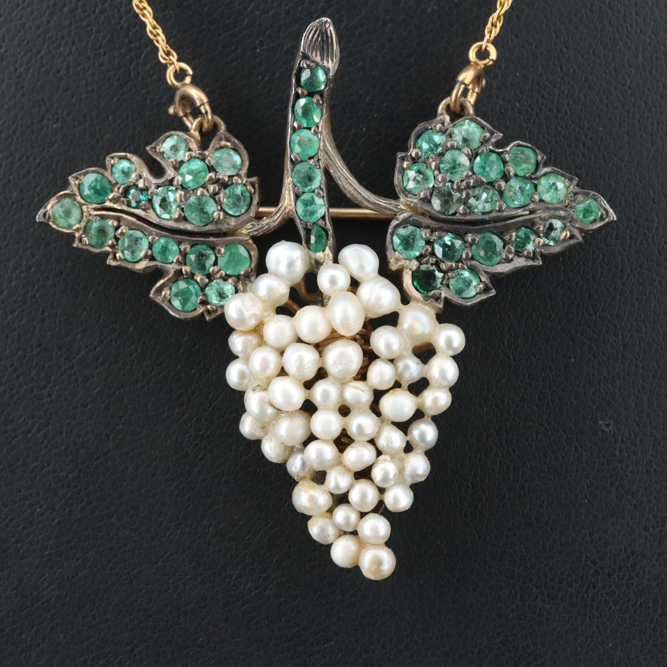 Sterling Emerald and Pearl Grape Cluster Converter Brooch on Gold-Filled Chain