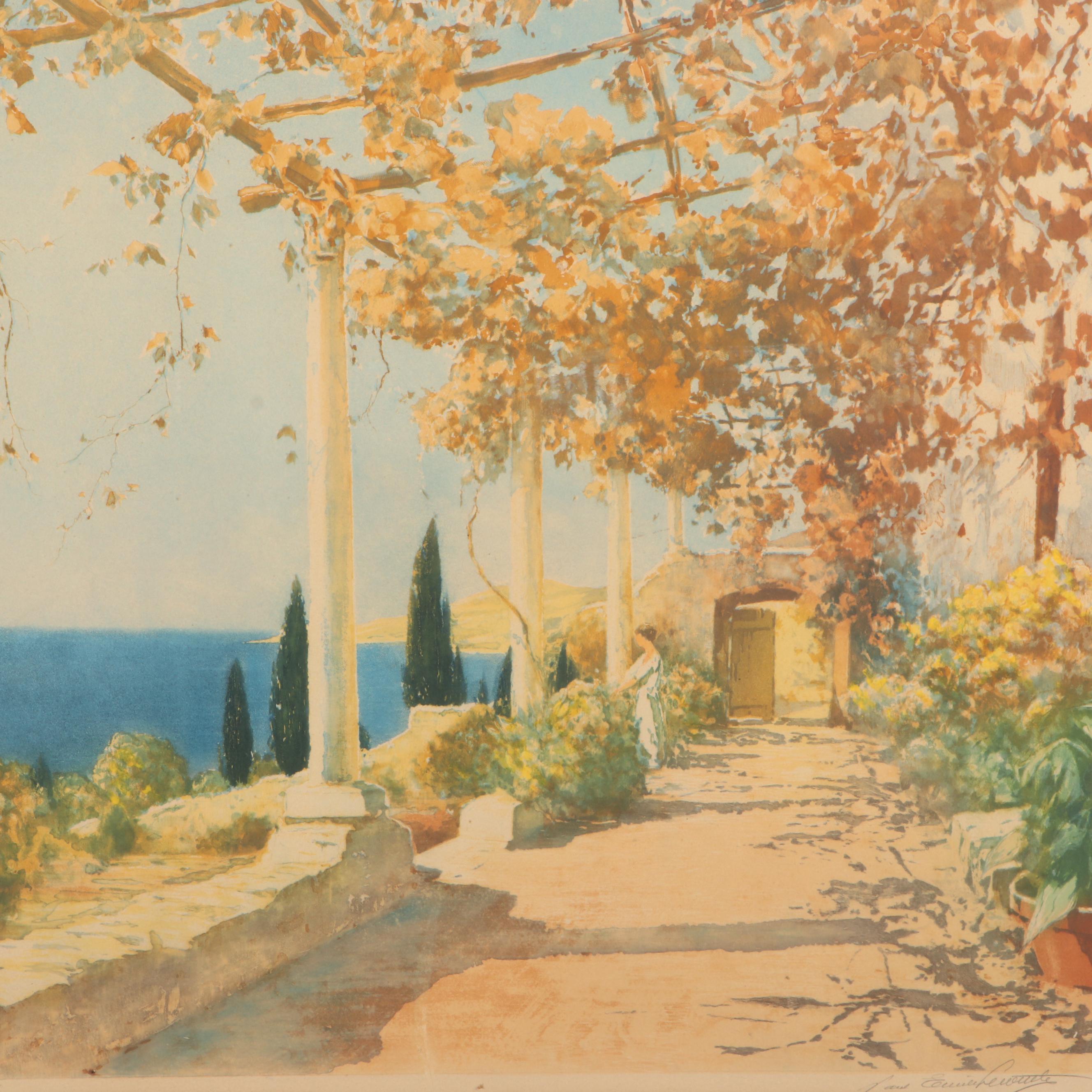 Paul Emil Lecomte Watercolor Painting of Palisade Overlooking the Mediterranean