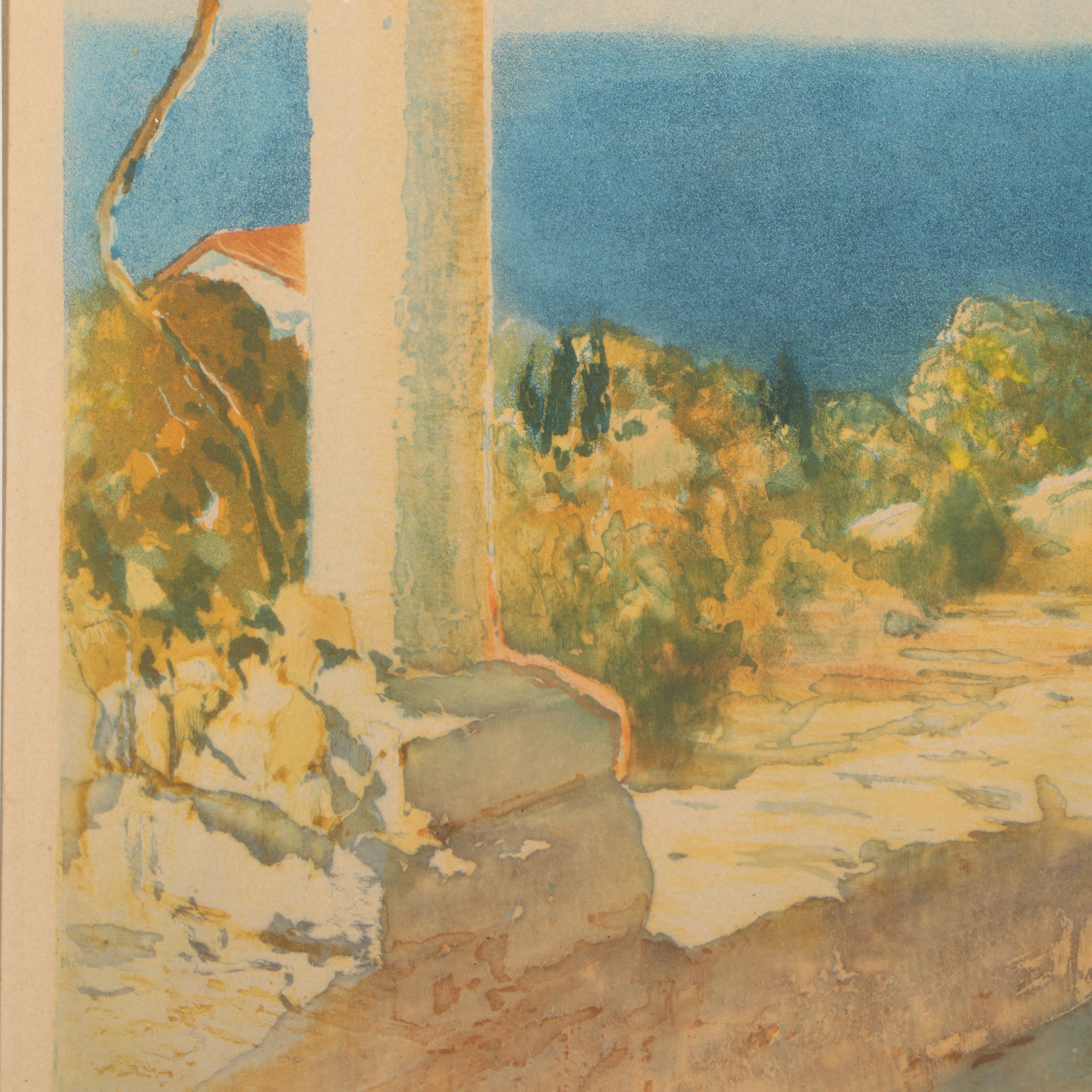 Paul Emil Lecomte Watercolor Painting of Palisade Overlooking the Mediterranean