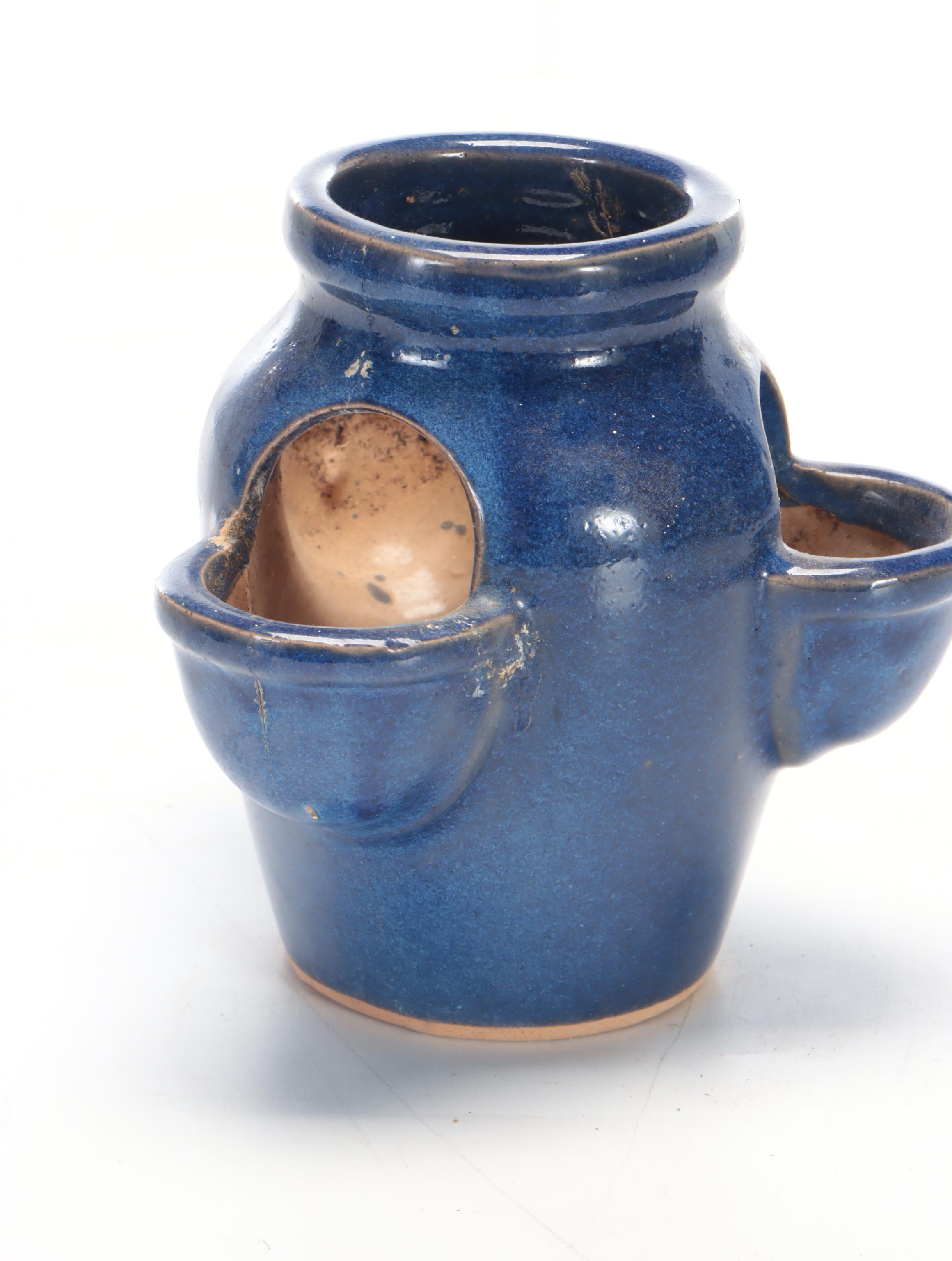 Blue Reactive Glazed Embossed Floral Motif Ceramic Garden Planters