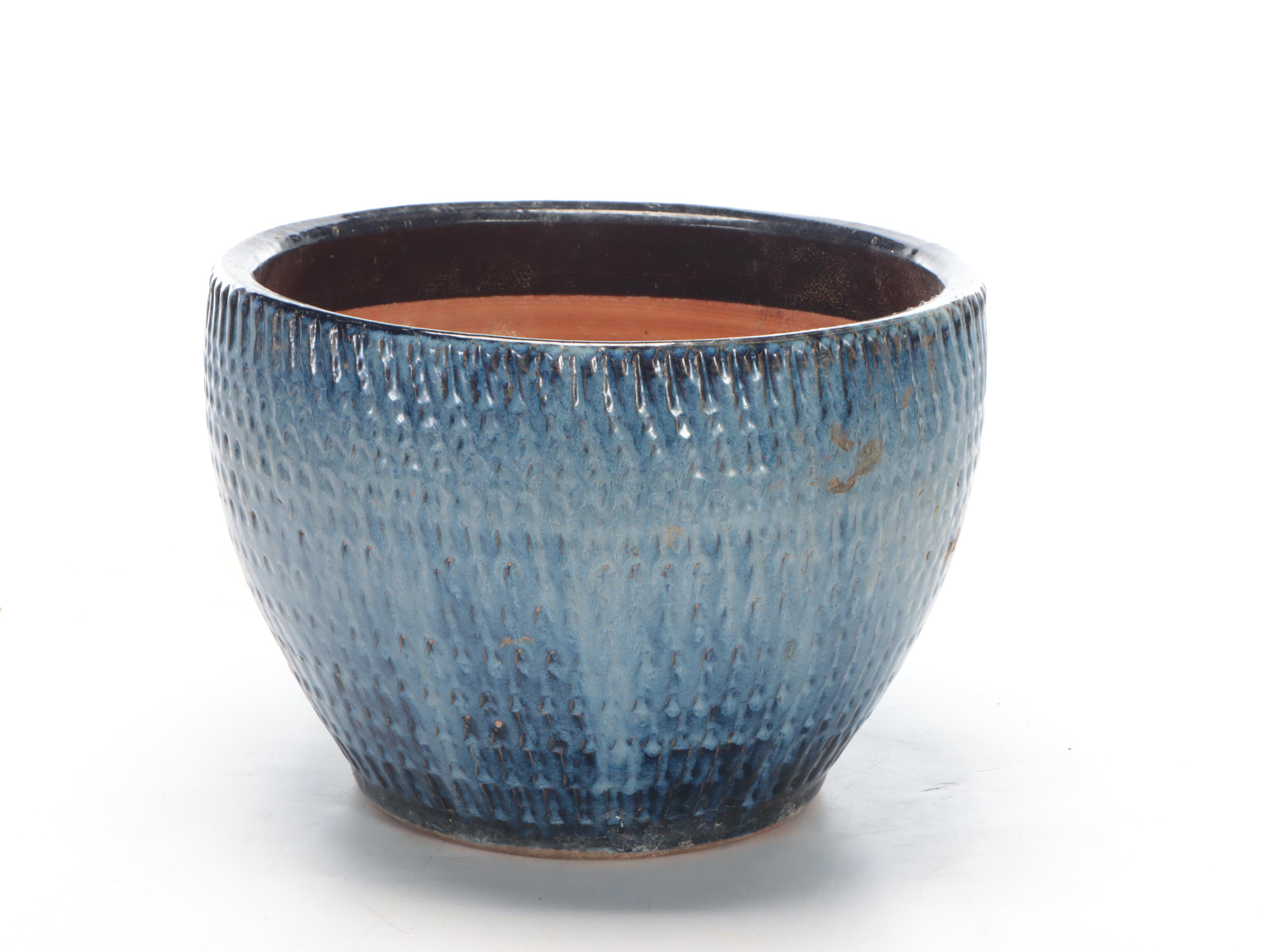 Blue Reactive Glazed Embossed Floral Motif Ceramic Garden Planters