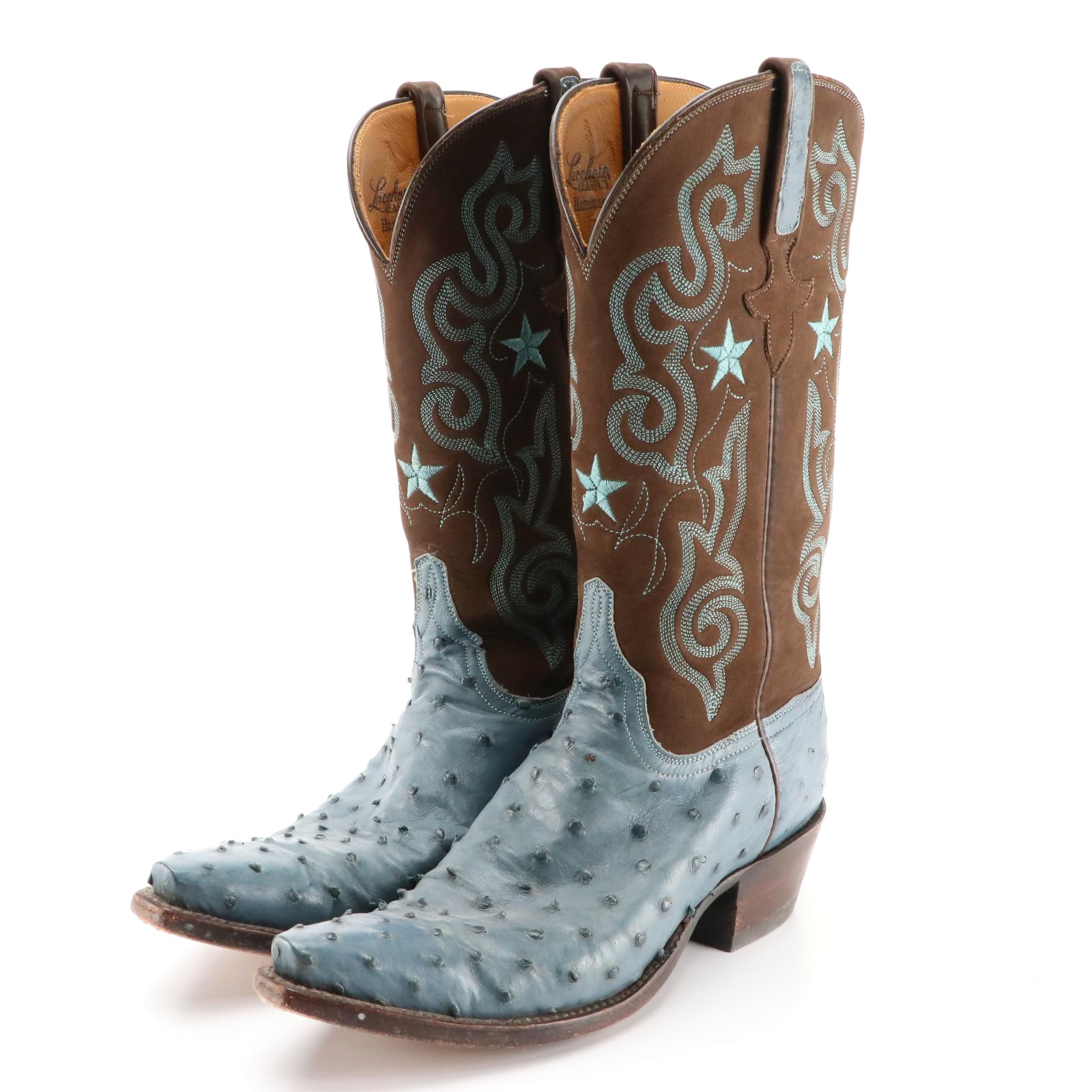Lucchese Handmade Embroidered Ostrich Skin and Leather Snip-Toe Western Boots