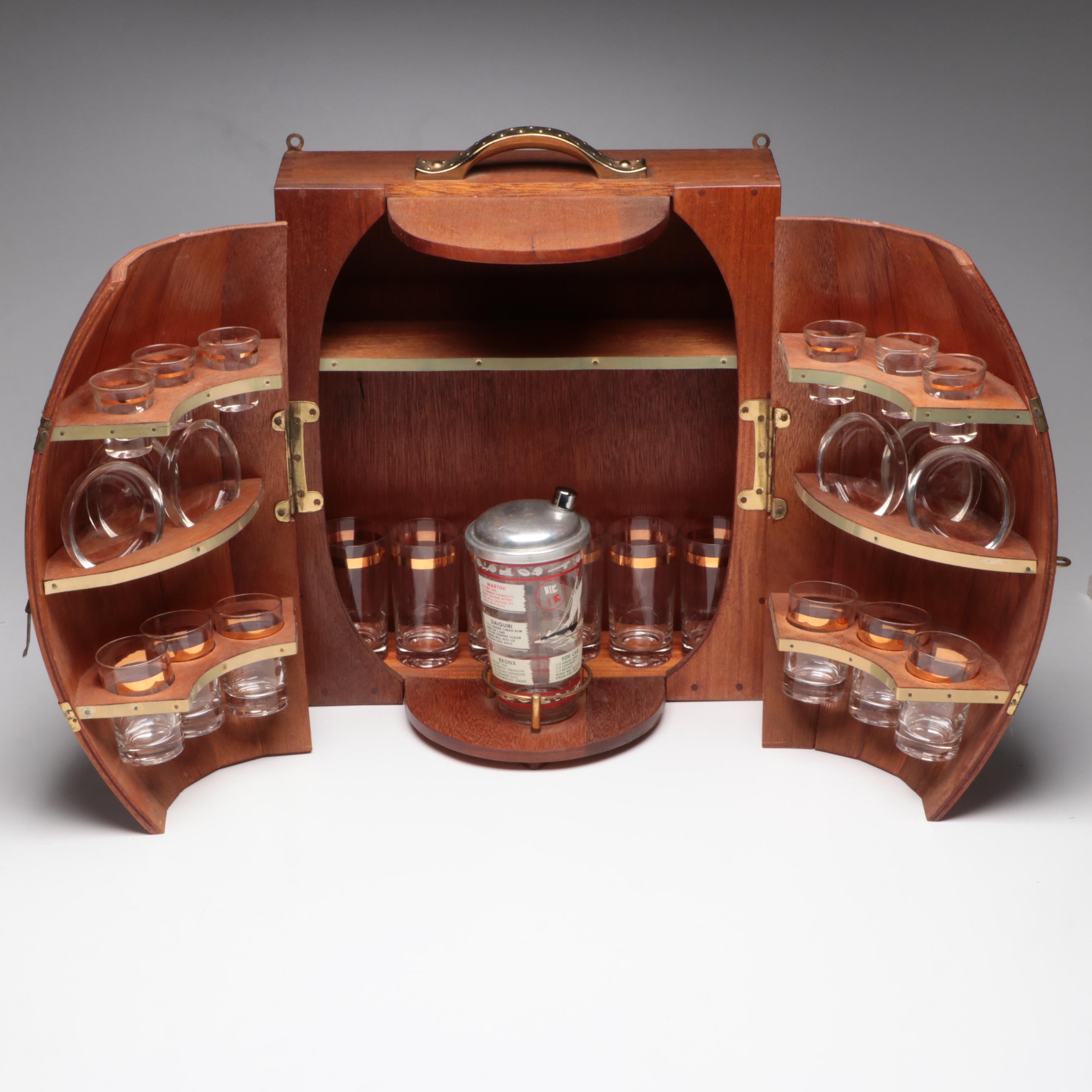 Wooden Wall Mounted Barrel Shaped Bar with Hazel Atlas Shaker and Other Barware