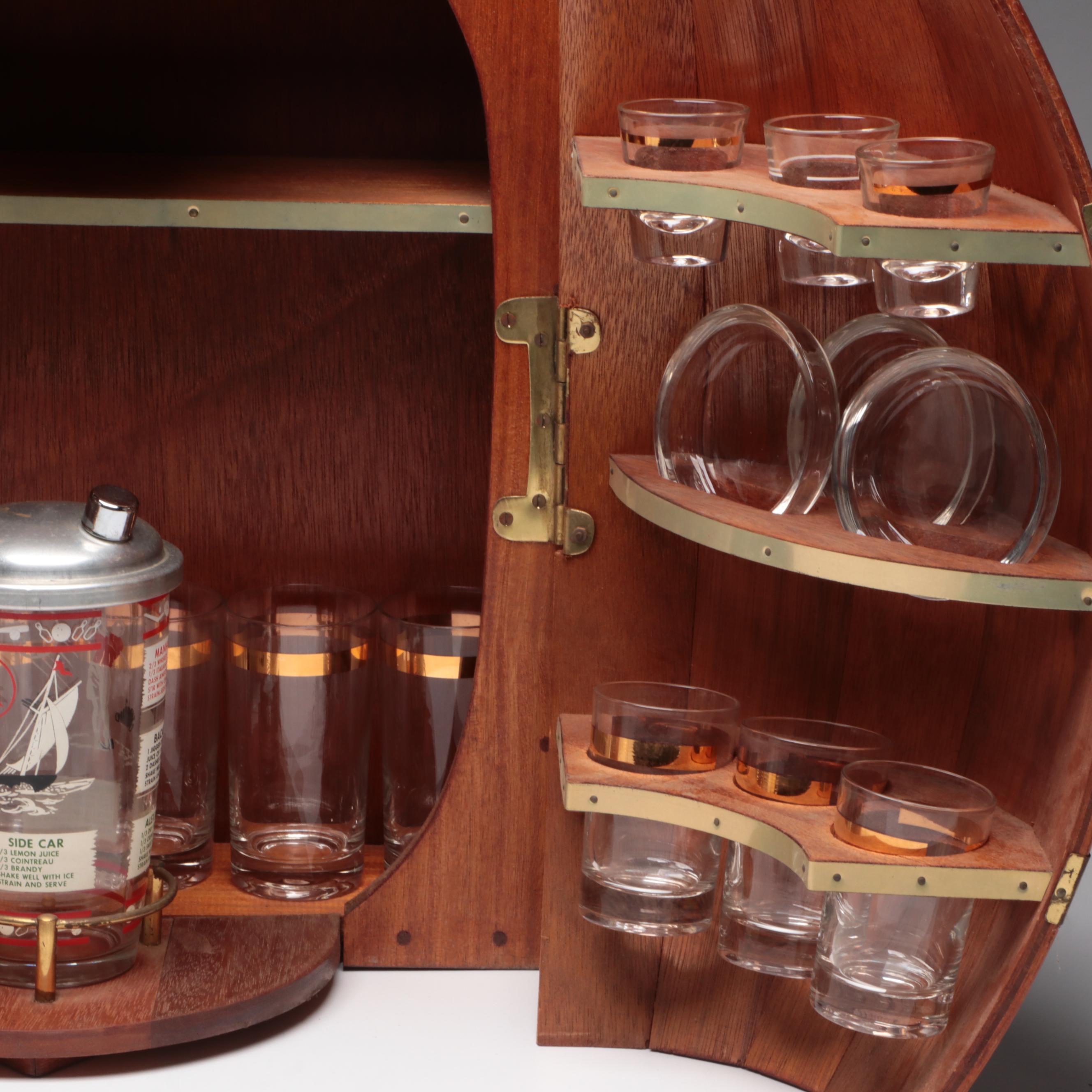 Wooden Wall Mounted Barrel Shaped Bar with Hazel Atlas Shaker and Other Barware