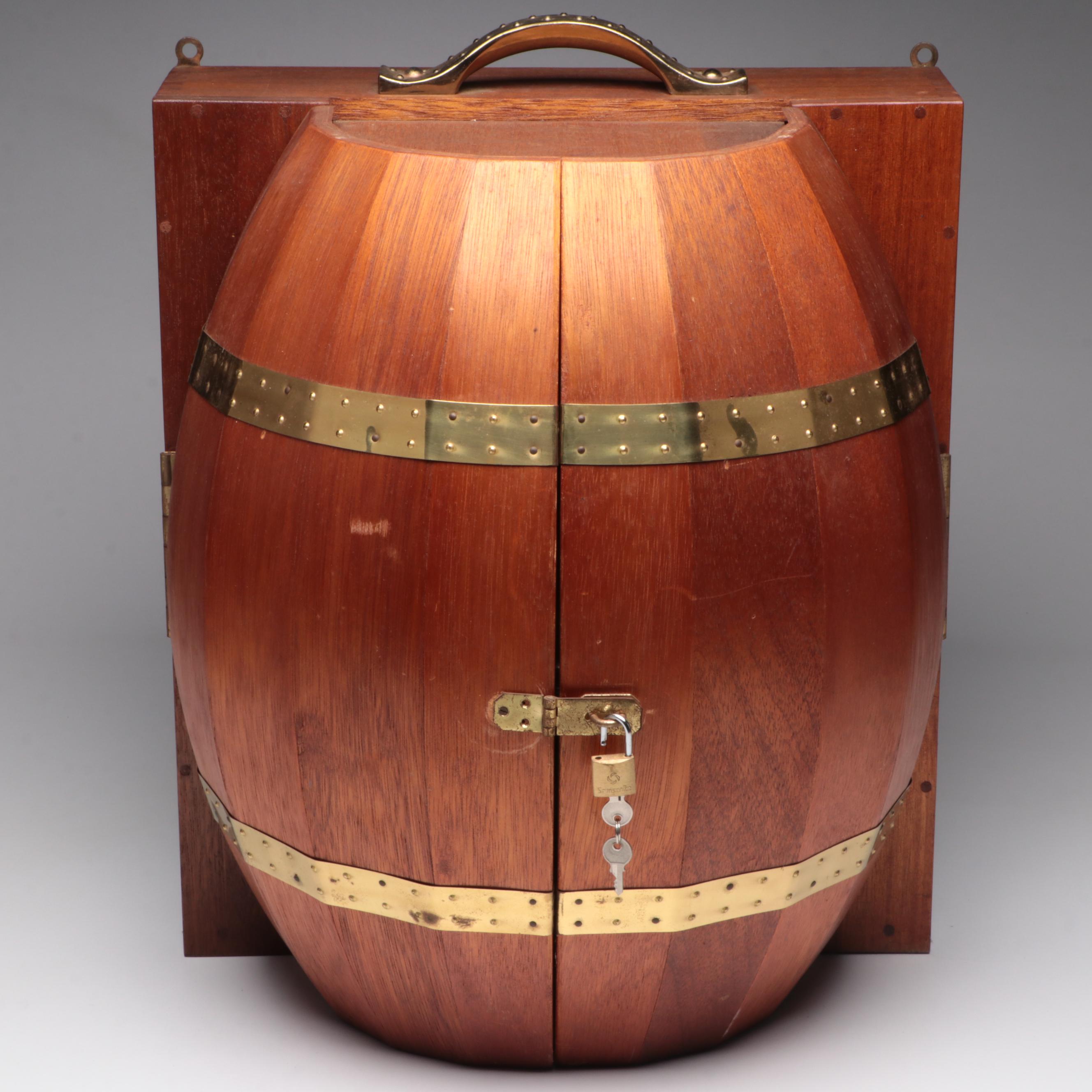 Wooden Wall Mounted Barrel Shaped Bar with Hazel Atlas Shaker and Other Barware