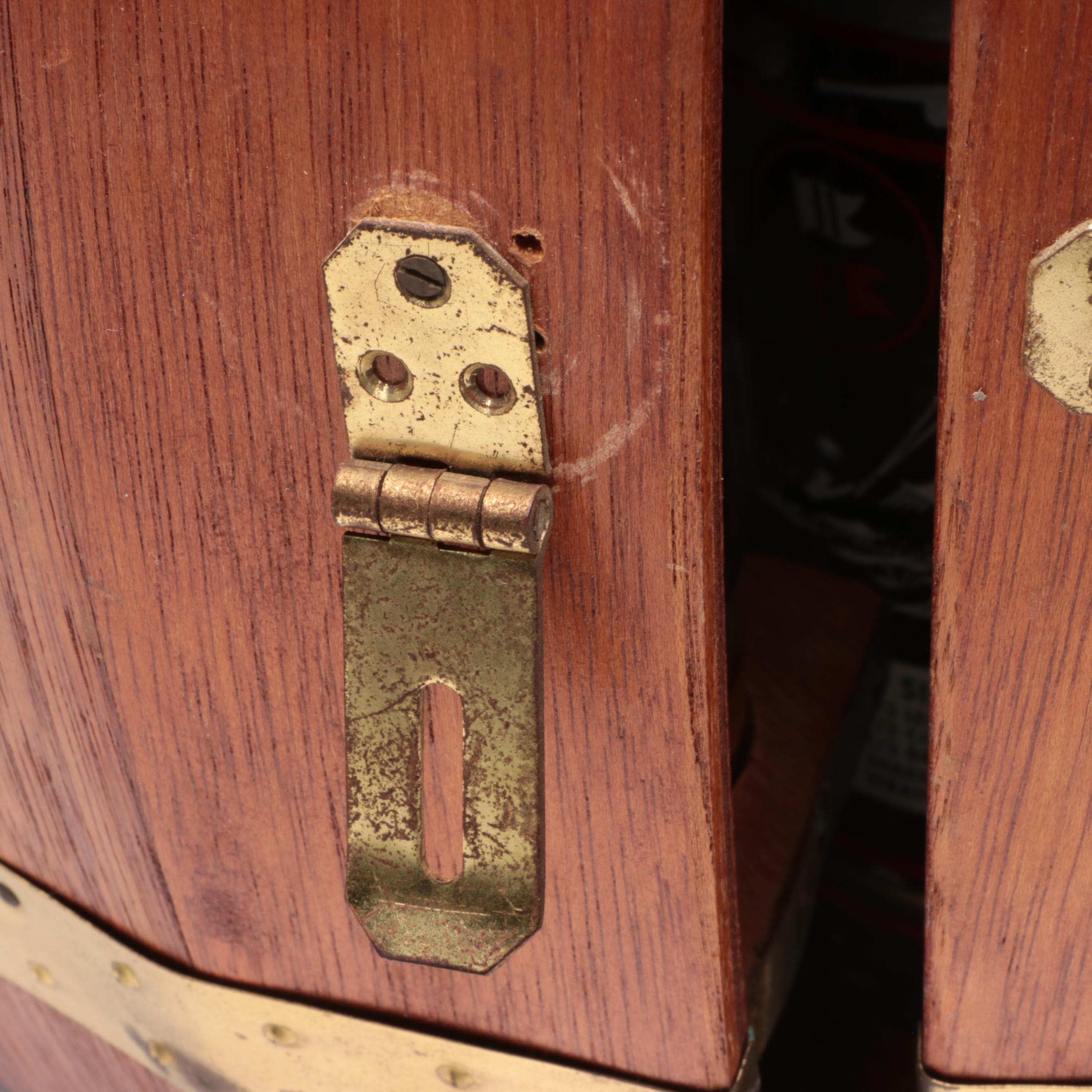 Wooden Wall Mounted Barrel Shaped Bar with Hazel Atlas Shaker and Other Barware