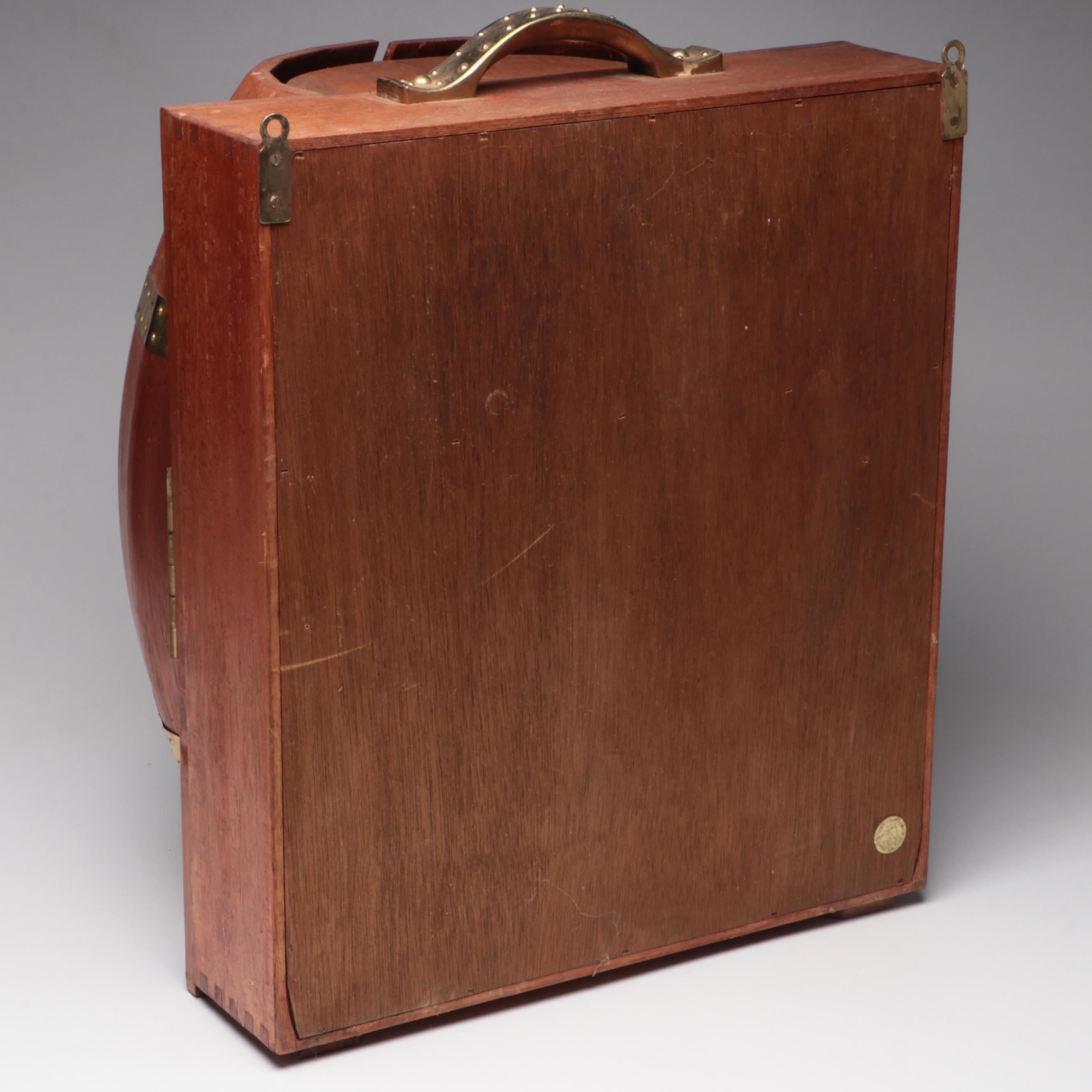 Wooden Wall Mounted Barrel Shaped Bar with Hazel Atlas Shaker and Other Barware