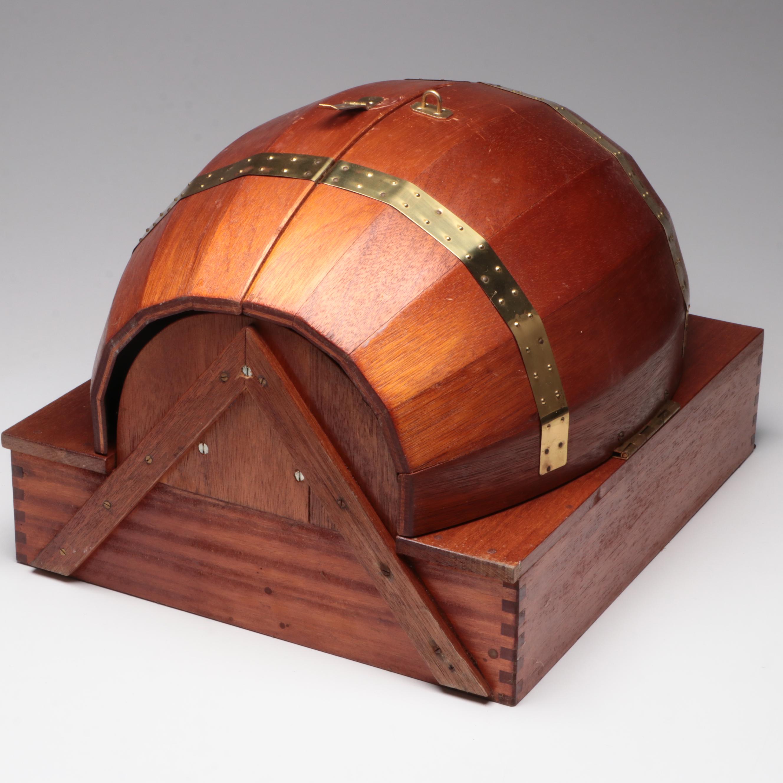 Wooden Wall Mounted Barrel Shaped Bar with Hazel Atlas Shaker and Other Barware