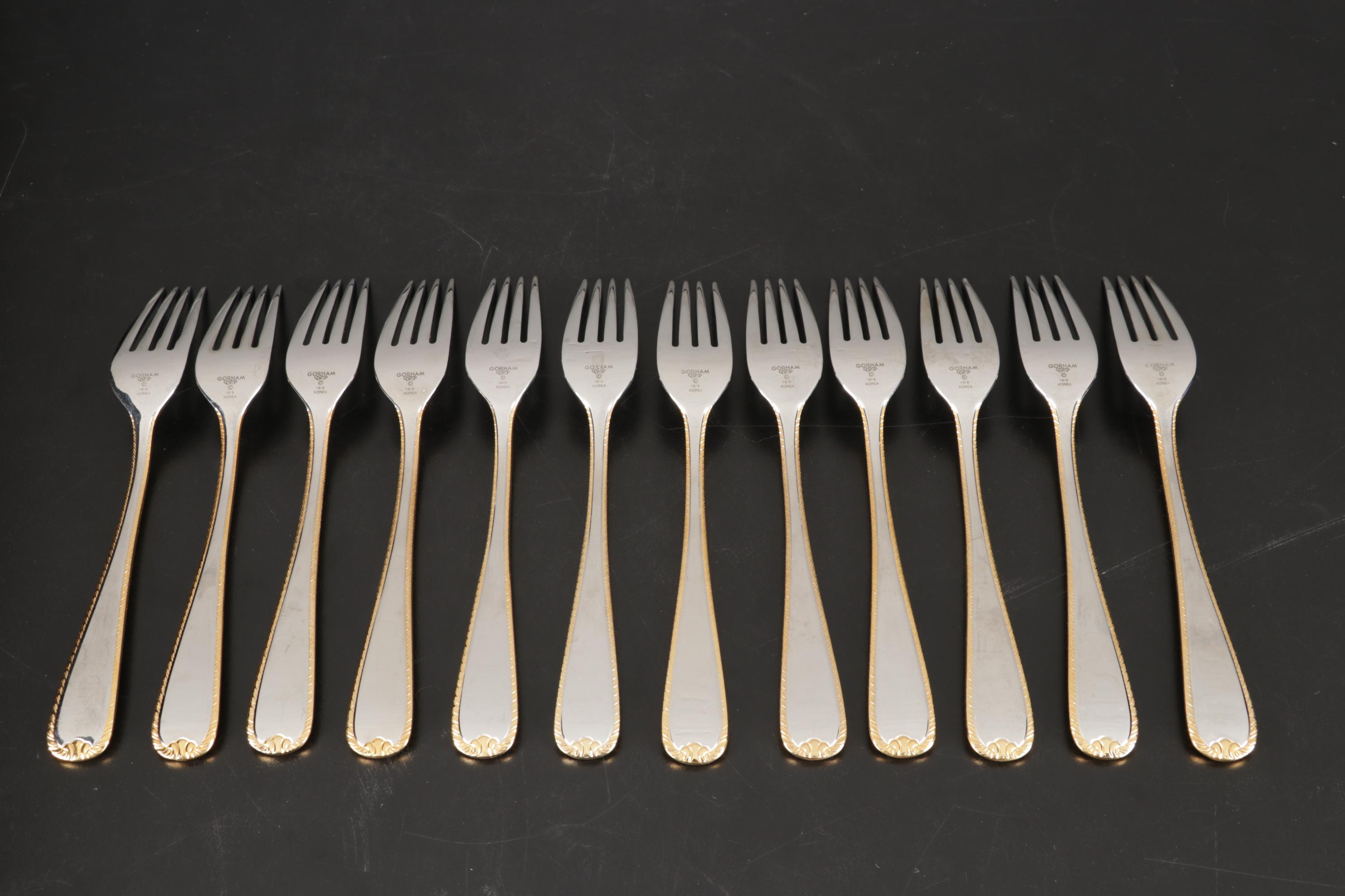 Gorham Silver "Golden Ribbon Edge" Stainless Steel Flatware, 1982-2021