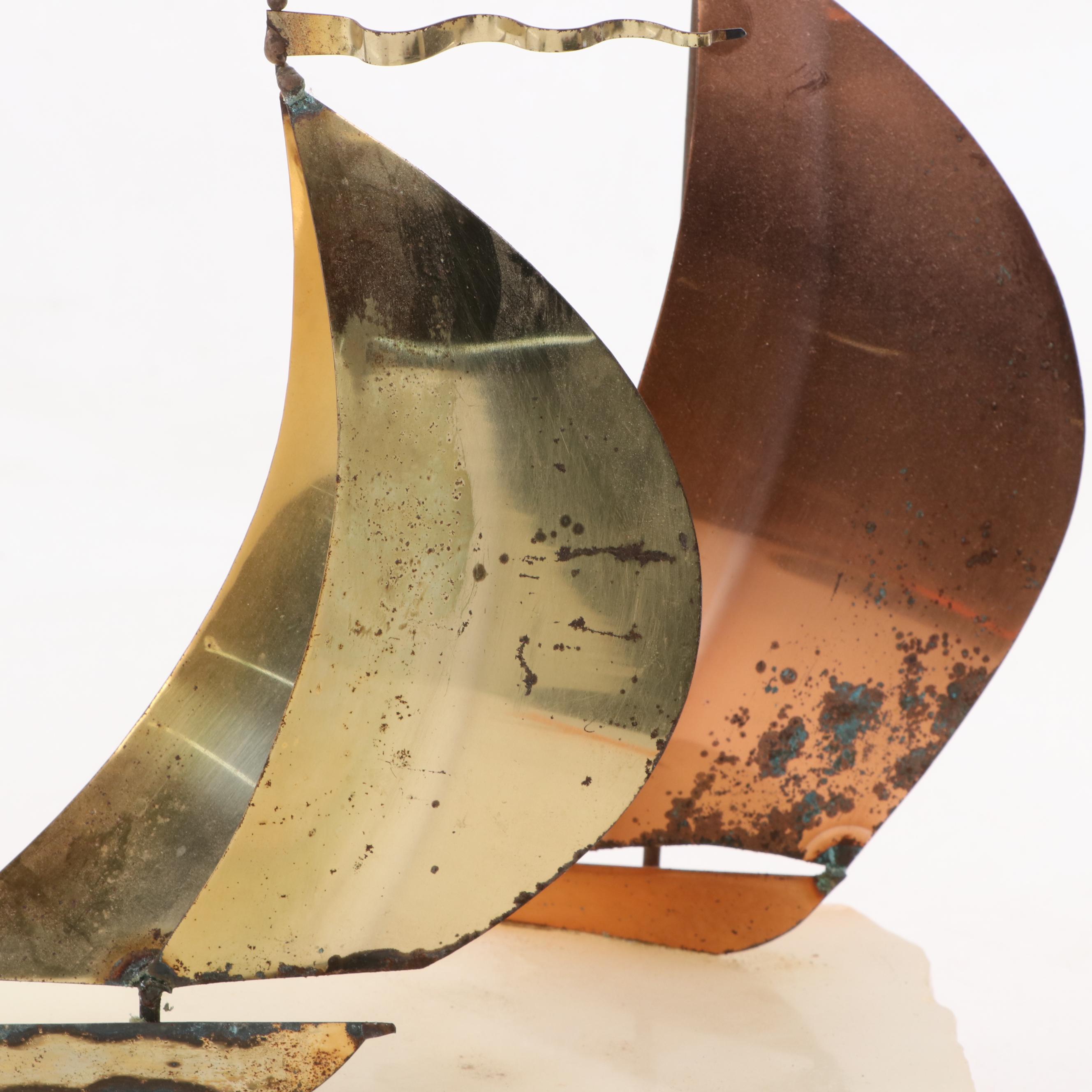 John DeMott  Mid Century Modern Style Mixed Metal and Stone Boat Sculpture