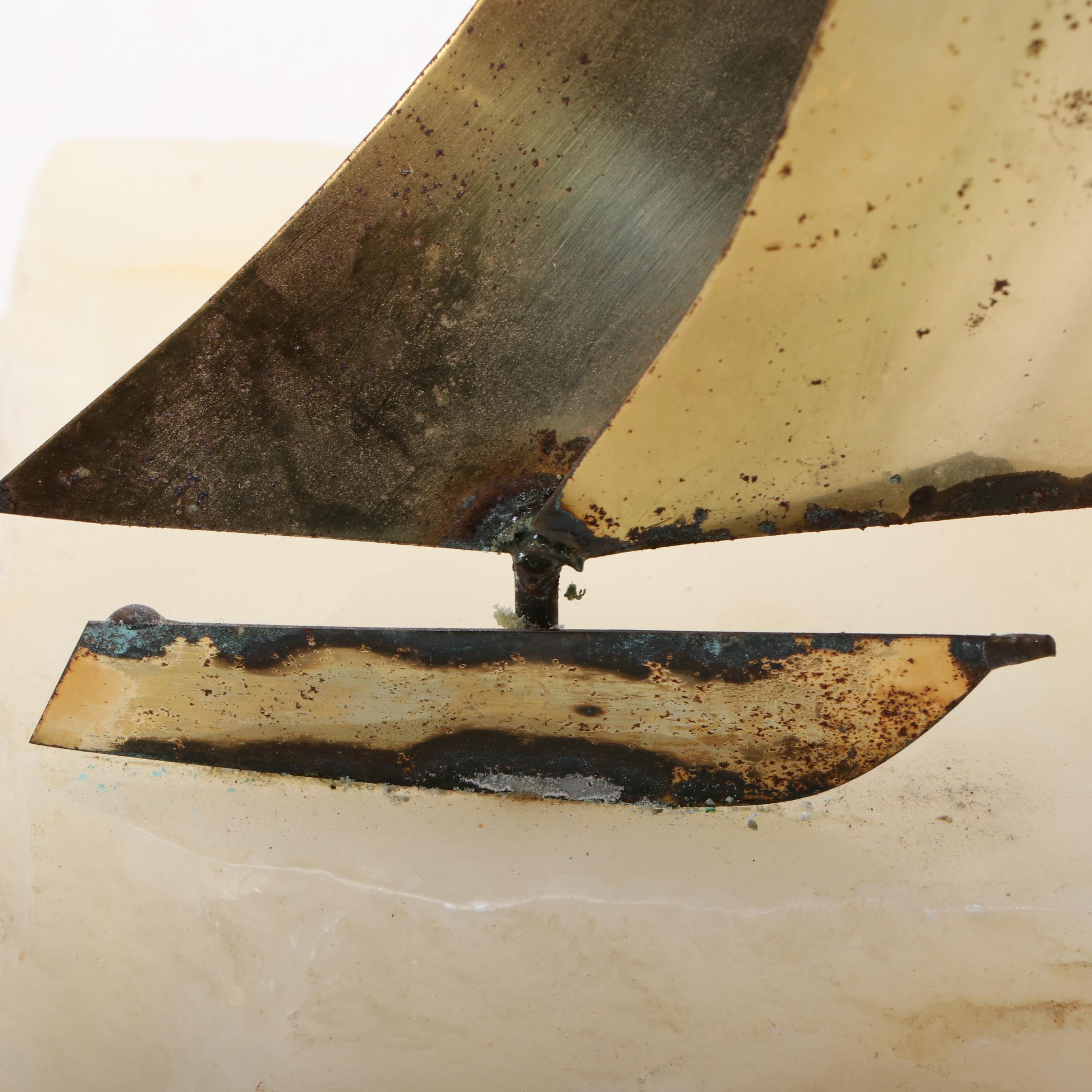 John DeMott  Mid Century Modern Style Mixed Metal and Stone Boat Sculpture