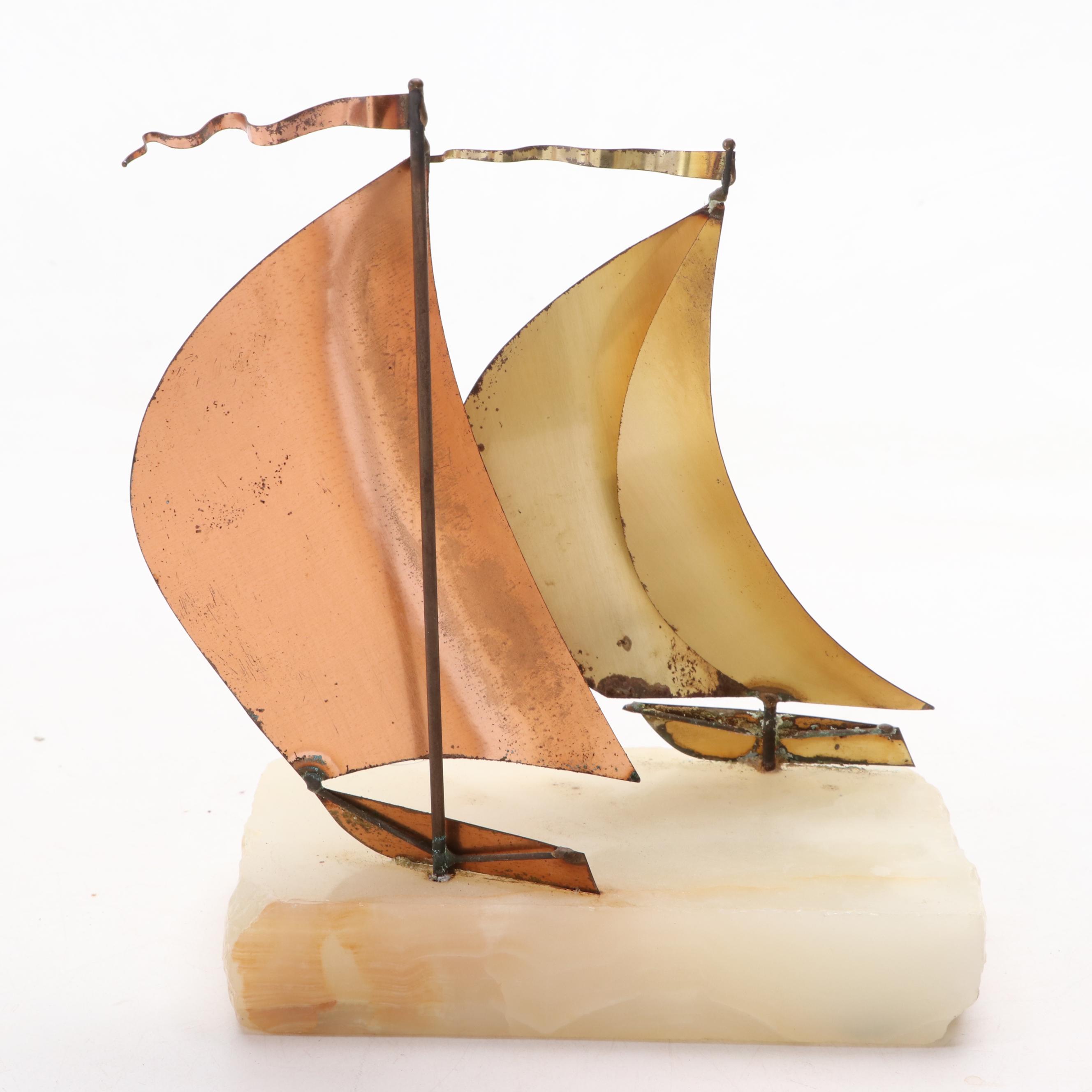 John DeMott  Mid Century Modern Style Mixed Metal and Stone Boat Sculpture