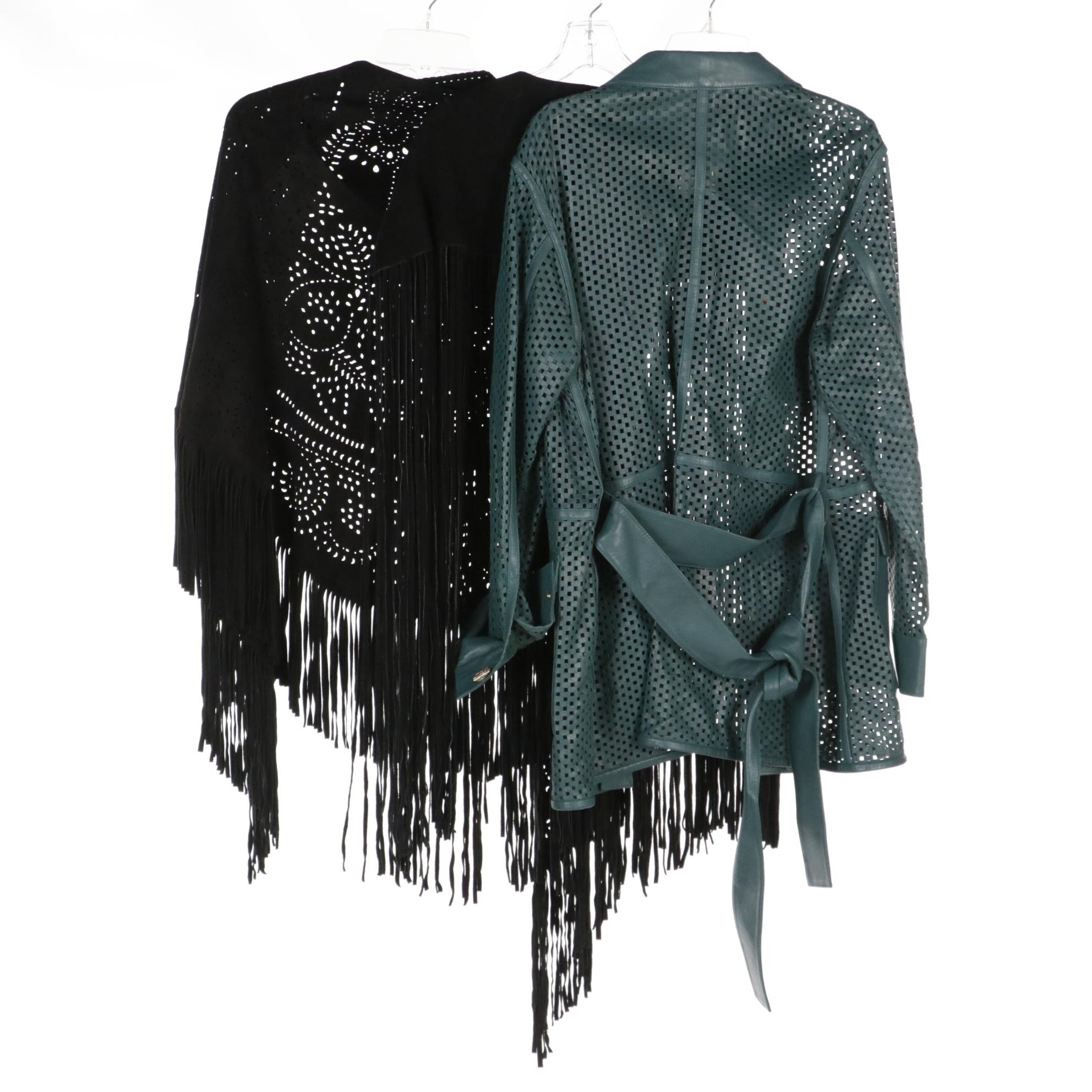 Lazer-Cut Suede Fringe Poncho, ASOS Fringe Poncho, and Uterqüe Leather Jacket