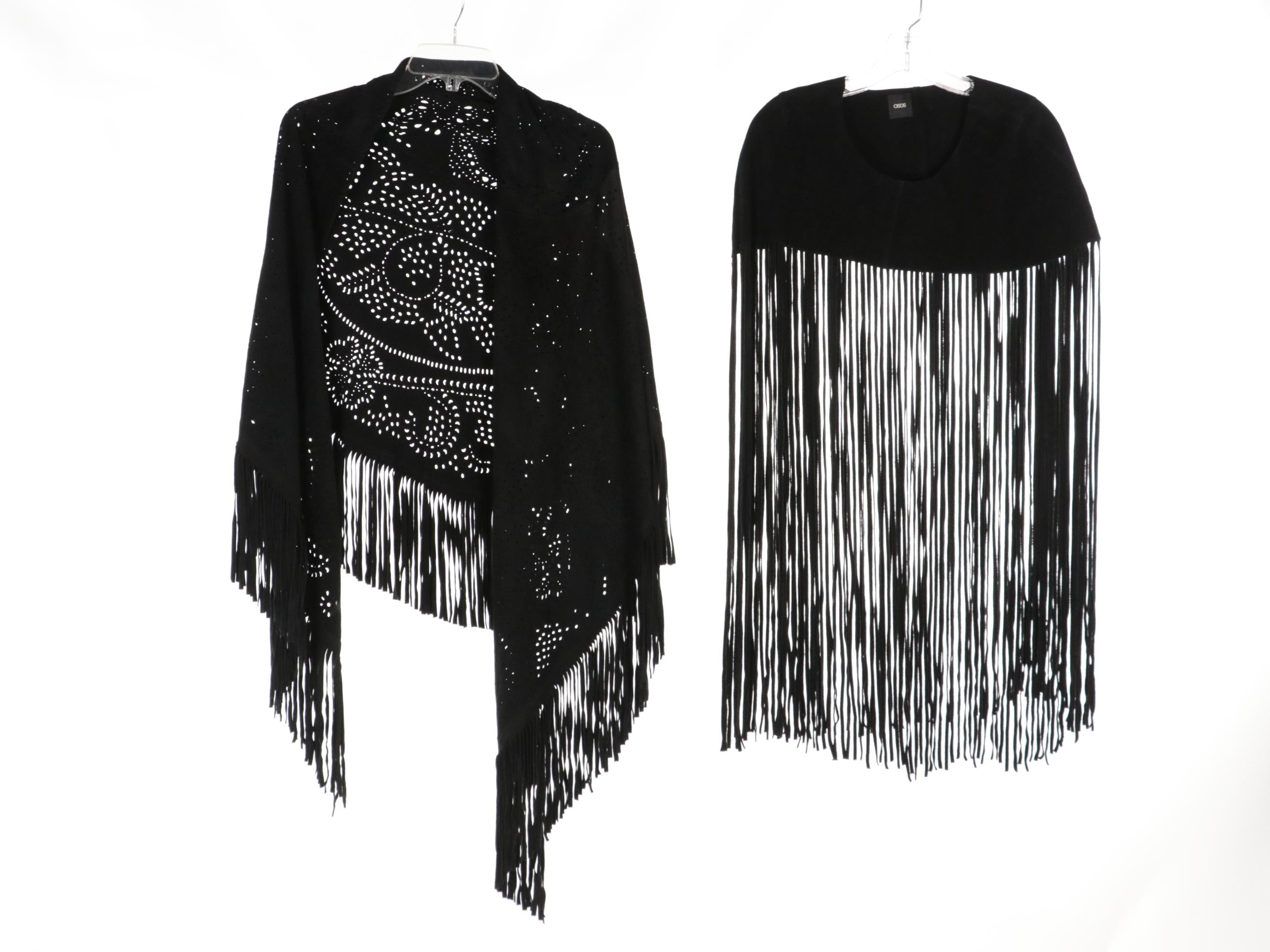 Lazer-Cut Suede Fringe Poncho, ASOS Fringe Poncho, and Uterqüe Leather Jacket