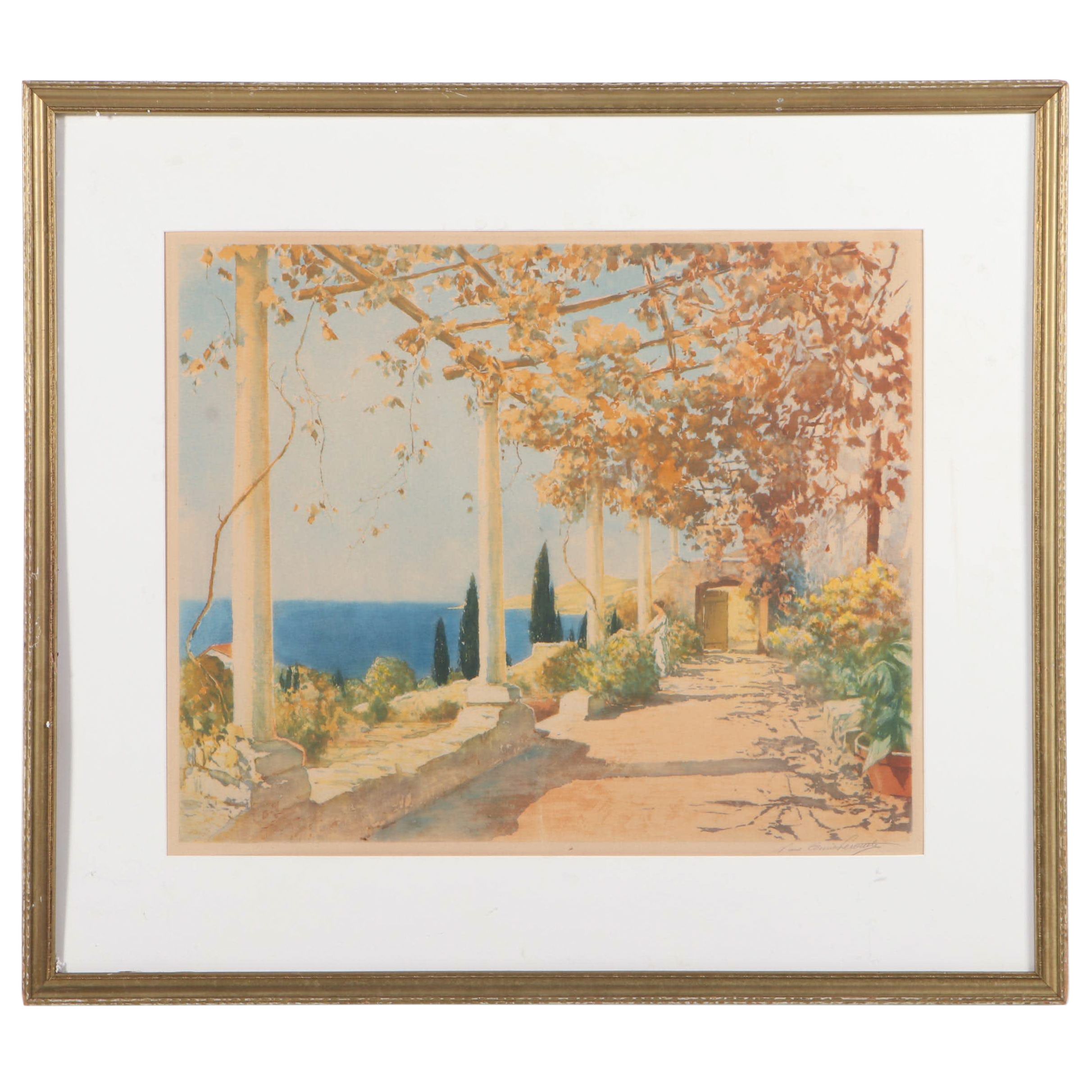 Paul Emil Lecomte Watercolor Painting of Palisade Overlooking the Mediterranean