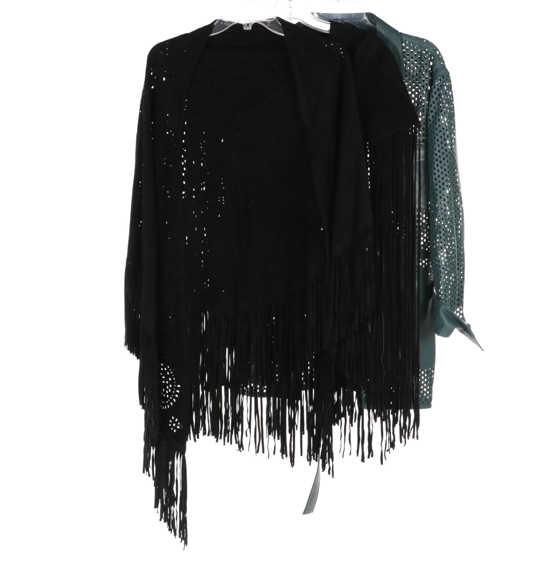 Lazer-Cut Suede Fringe Poncho, ASOS Fringe Poncho, and Uterqüe Leather Jacket