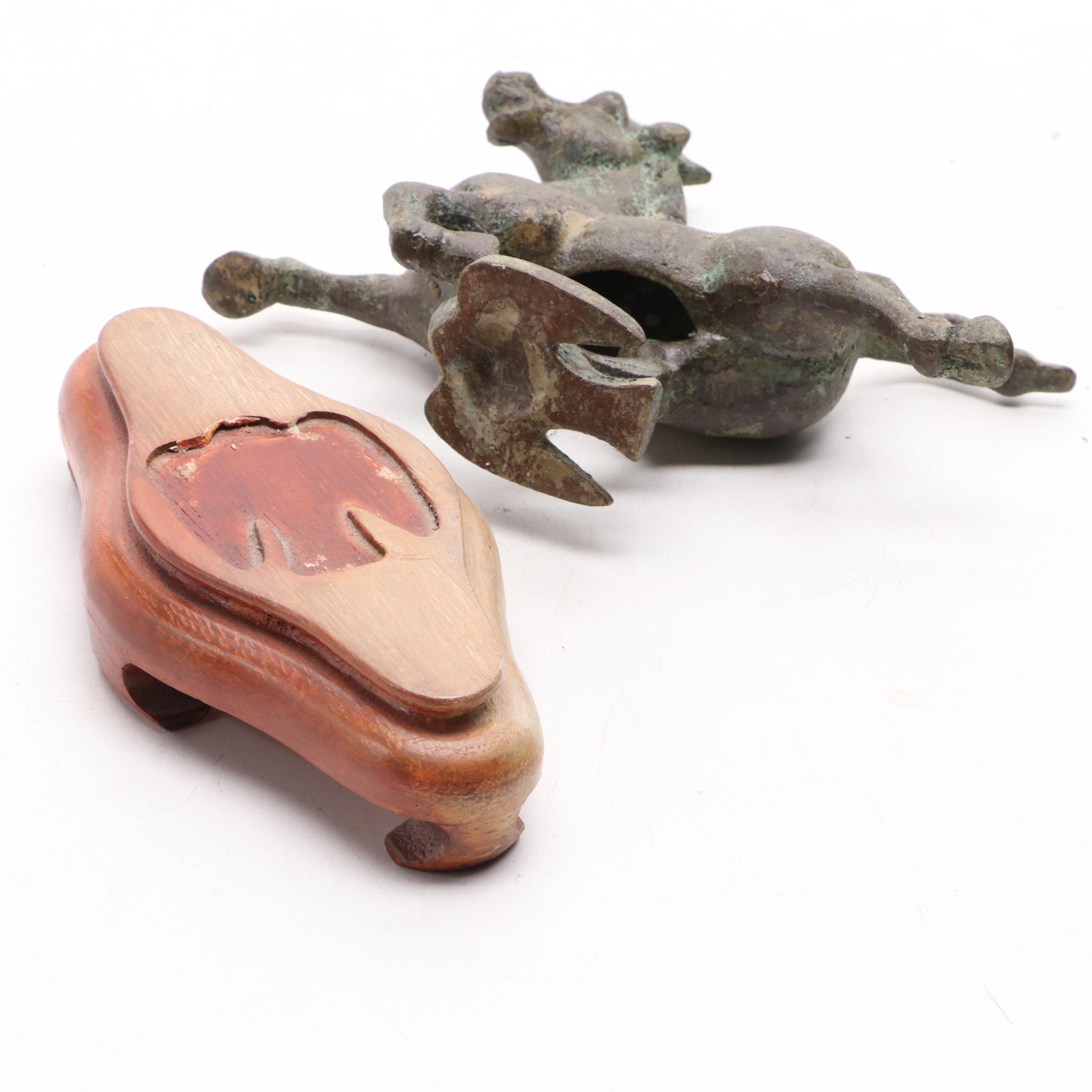 East Asian Cast Bronze Kirin Figure with Metal Flying Horse of Gazu Figurine