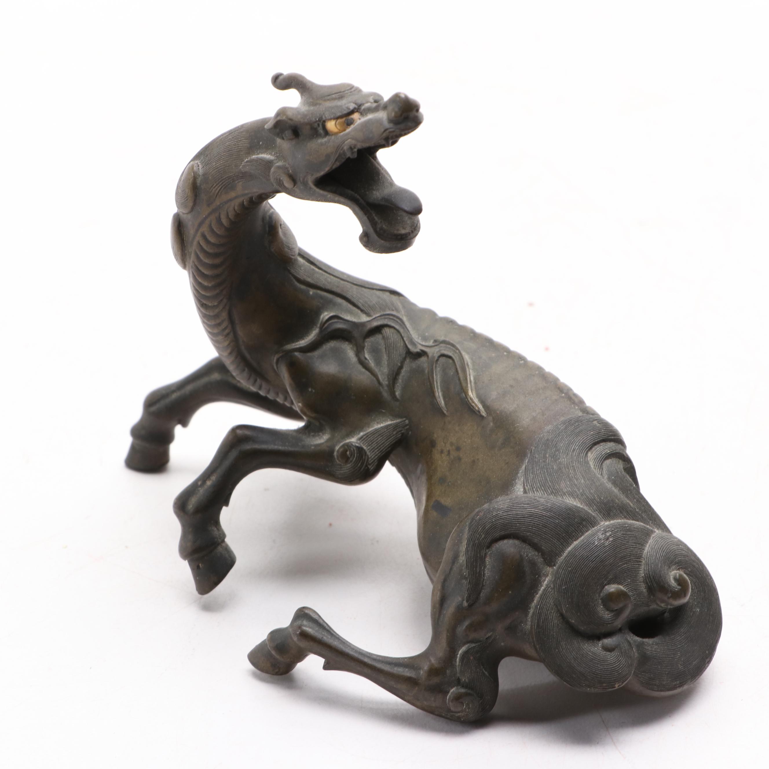 East Asian Cast Bronze Kirin Figure with Metal Flying Horse of Gazu Figurine