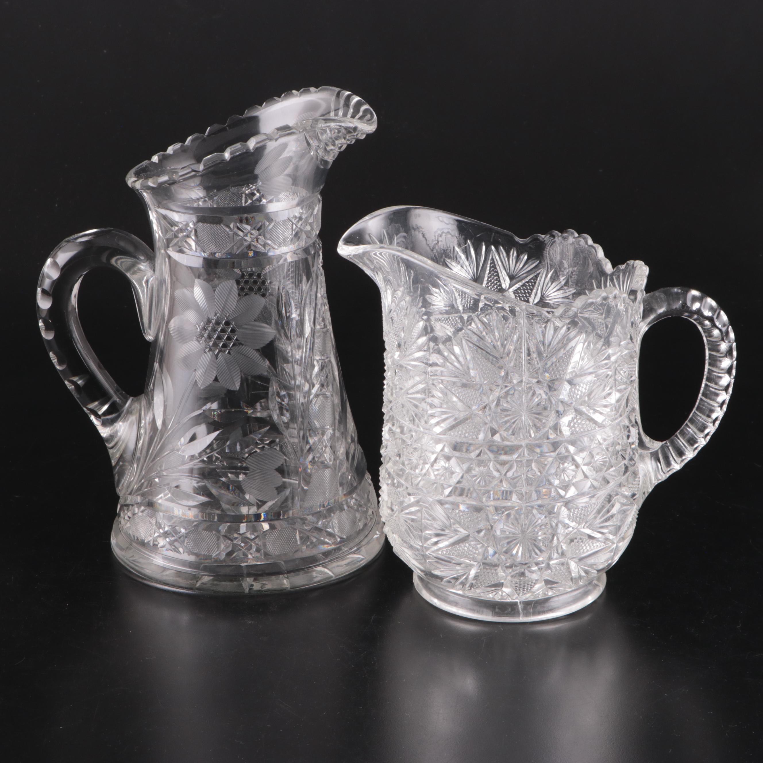 American Brilliant Style Pressed and Etched Glass Pitchers, 20th Century
