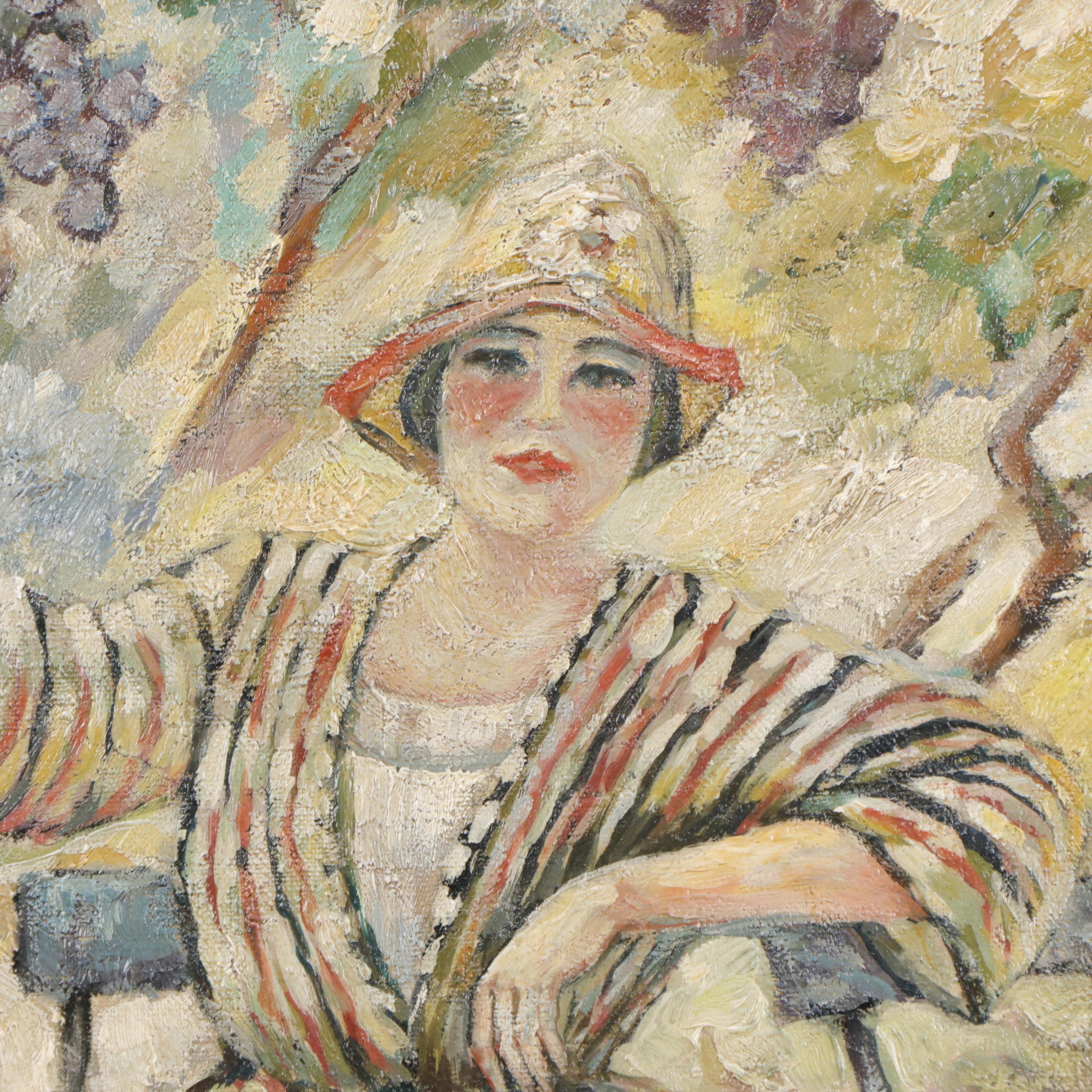 Post-Impressionist Style Oil Painting of Seated Woman in Garden