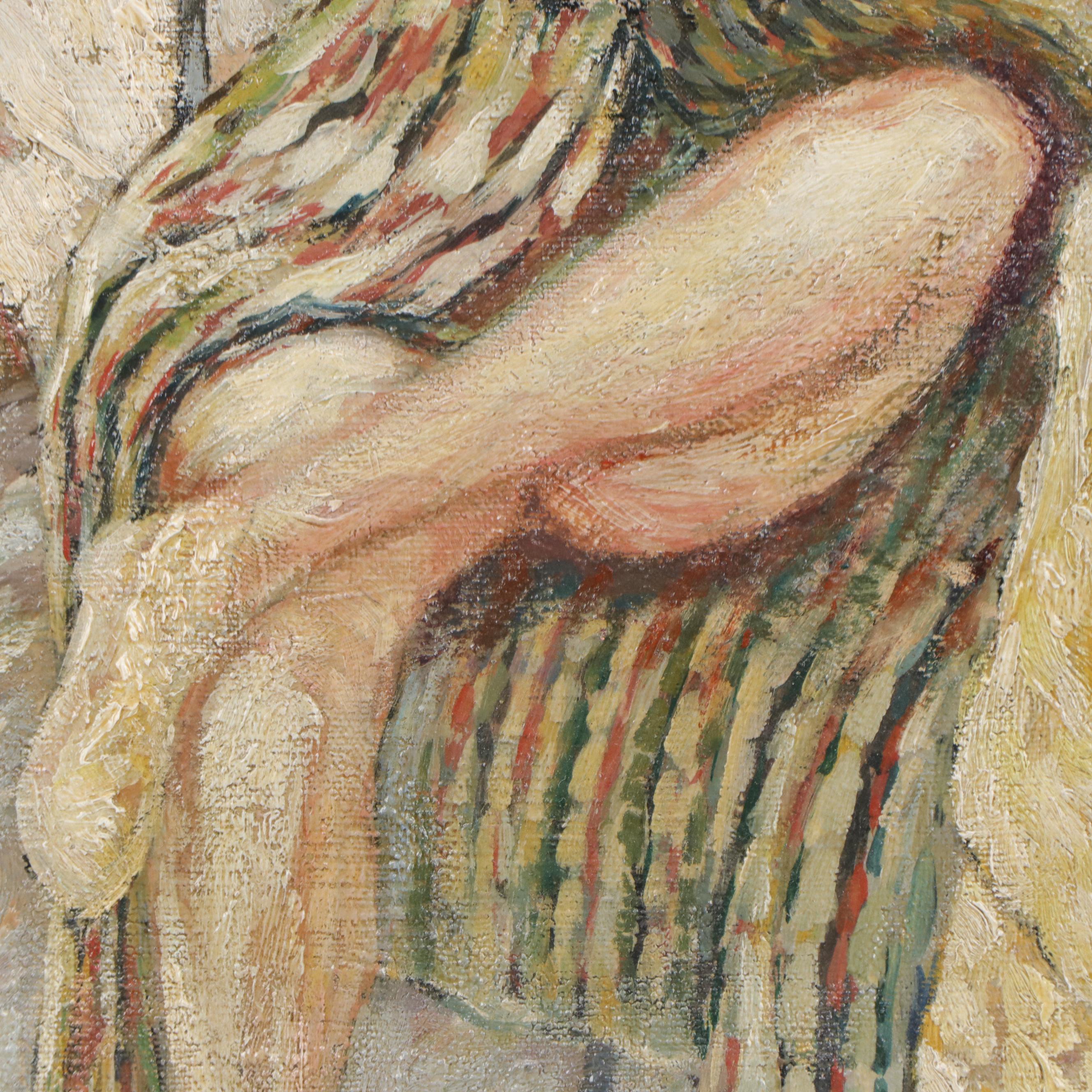 Post-Impressionist Style Oil Painting of Seated Woman in Garden