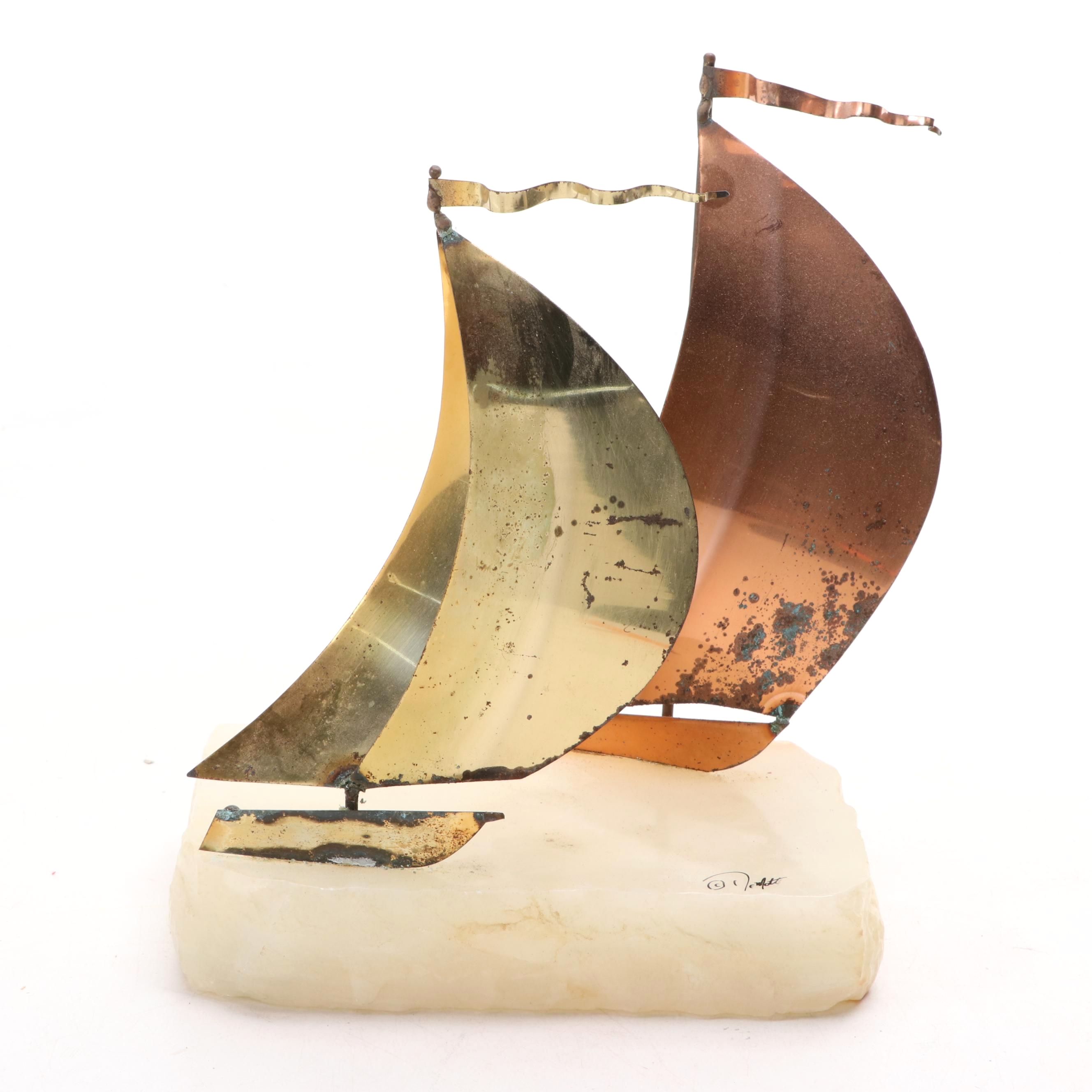 John DeMott  Mid Century Modern Style Mixed Metal and Stone Boat Sculpture