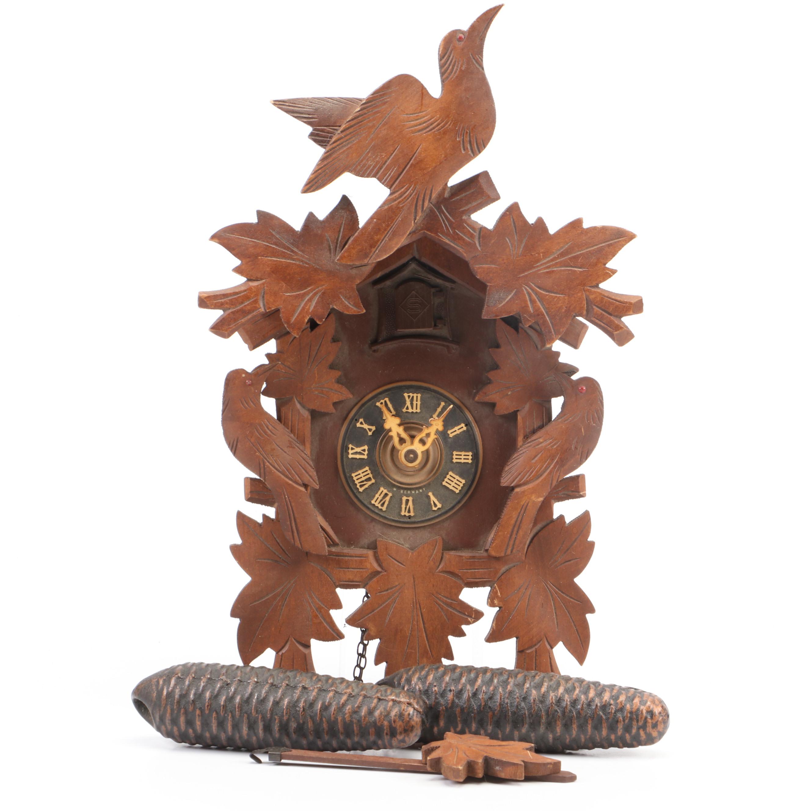 German Black Forest Style Carved Wood Cuckoo Clock, Mid to Late 20th Century