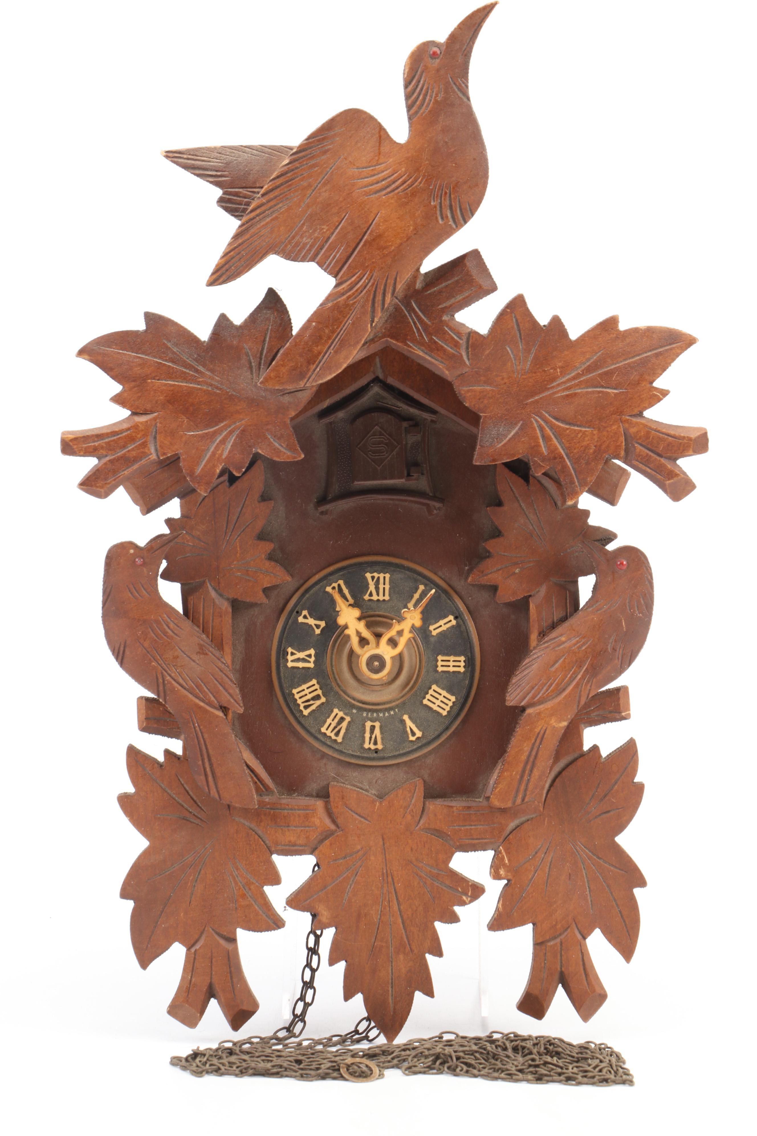 German Black Forest Style Carved Wood Cuckoo Clock, Mid to Late 20th Century