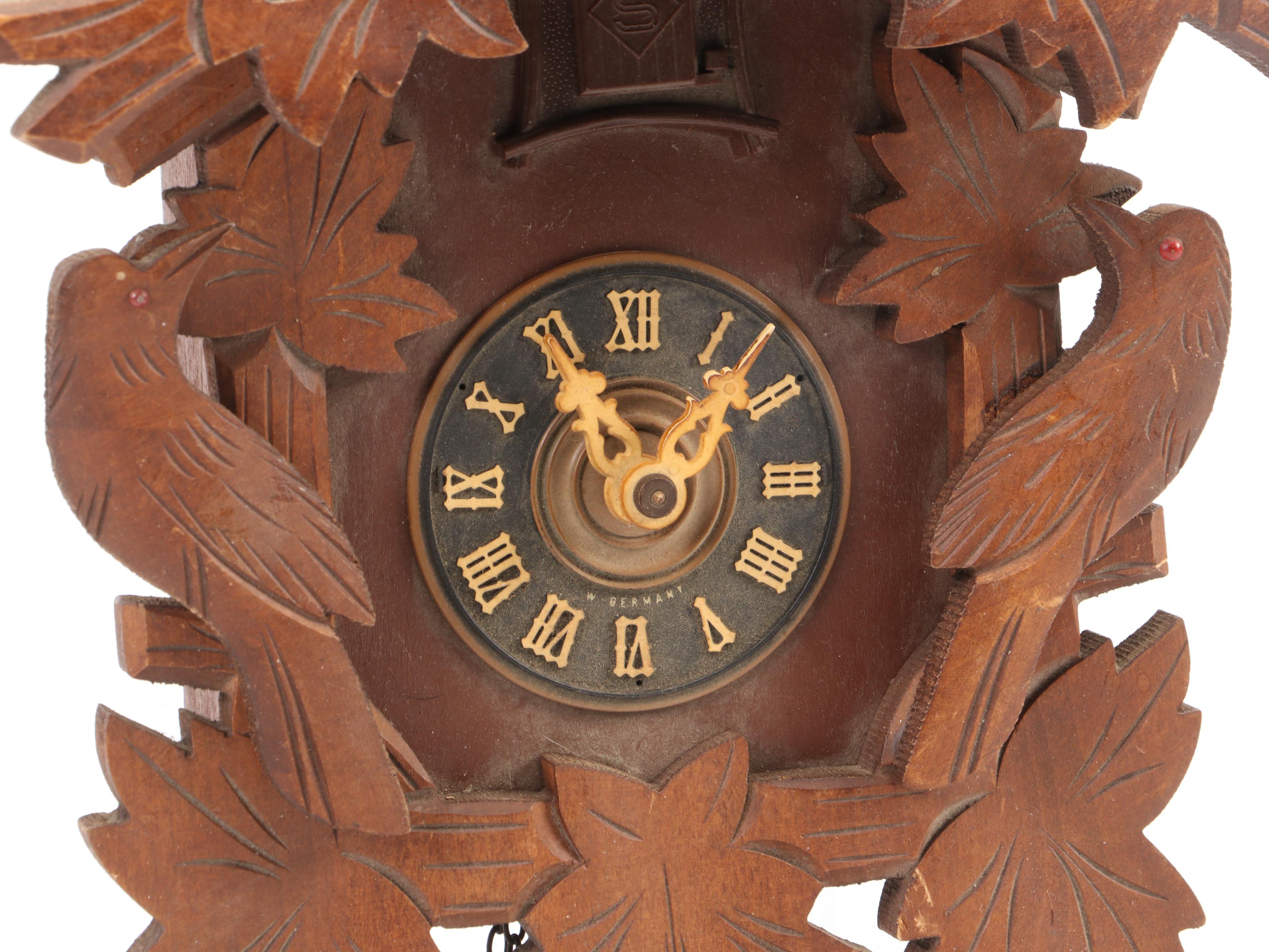 German Black Forest Style Carved Wood Cuckoo Clock, Mid to Late 20th Century