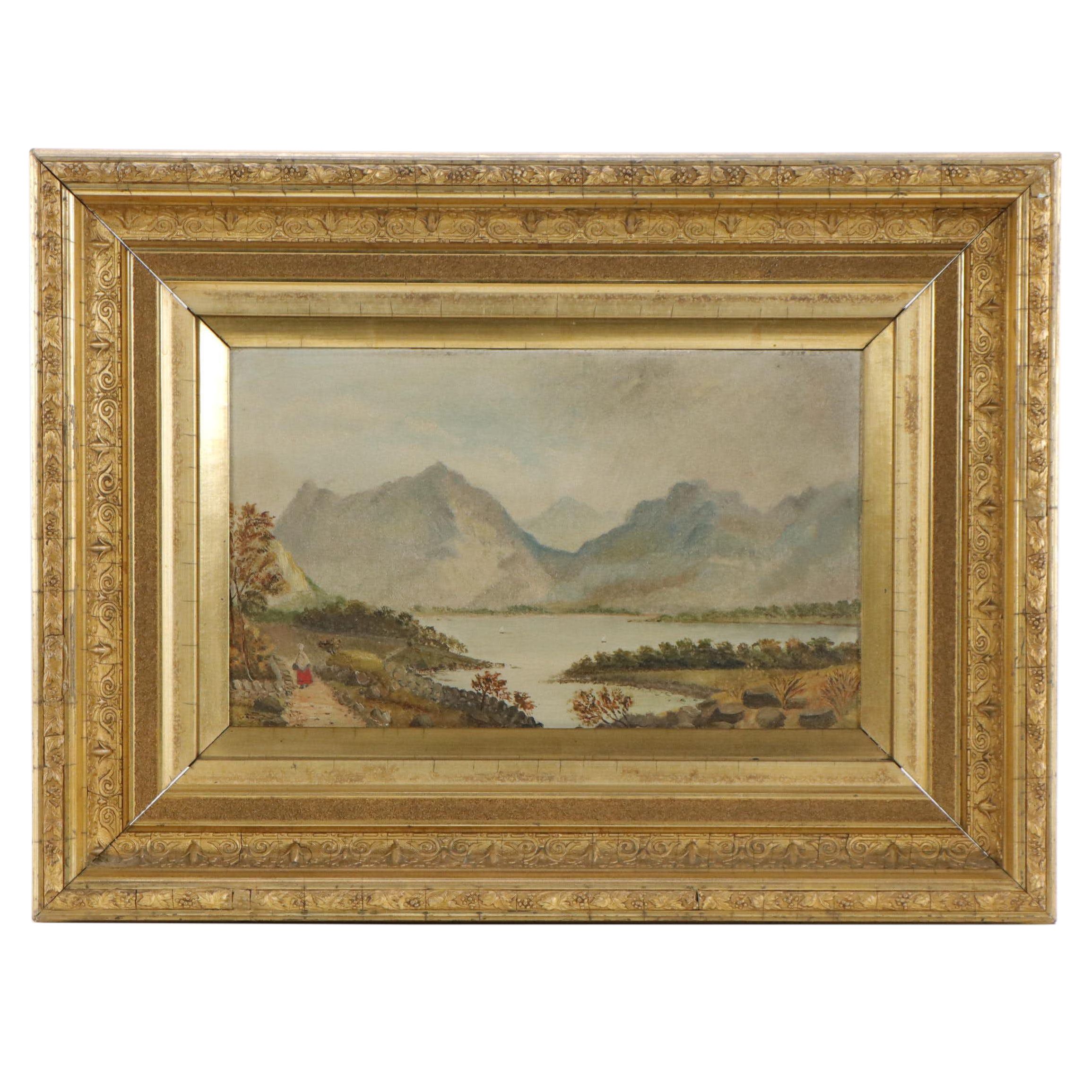 Naive Hudson River School Style Landscape Oil Painting