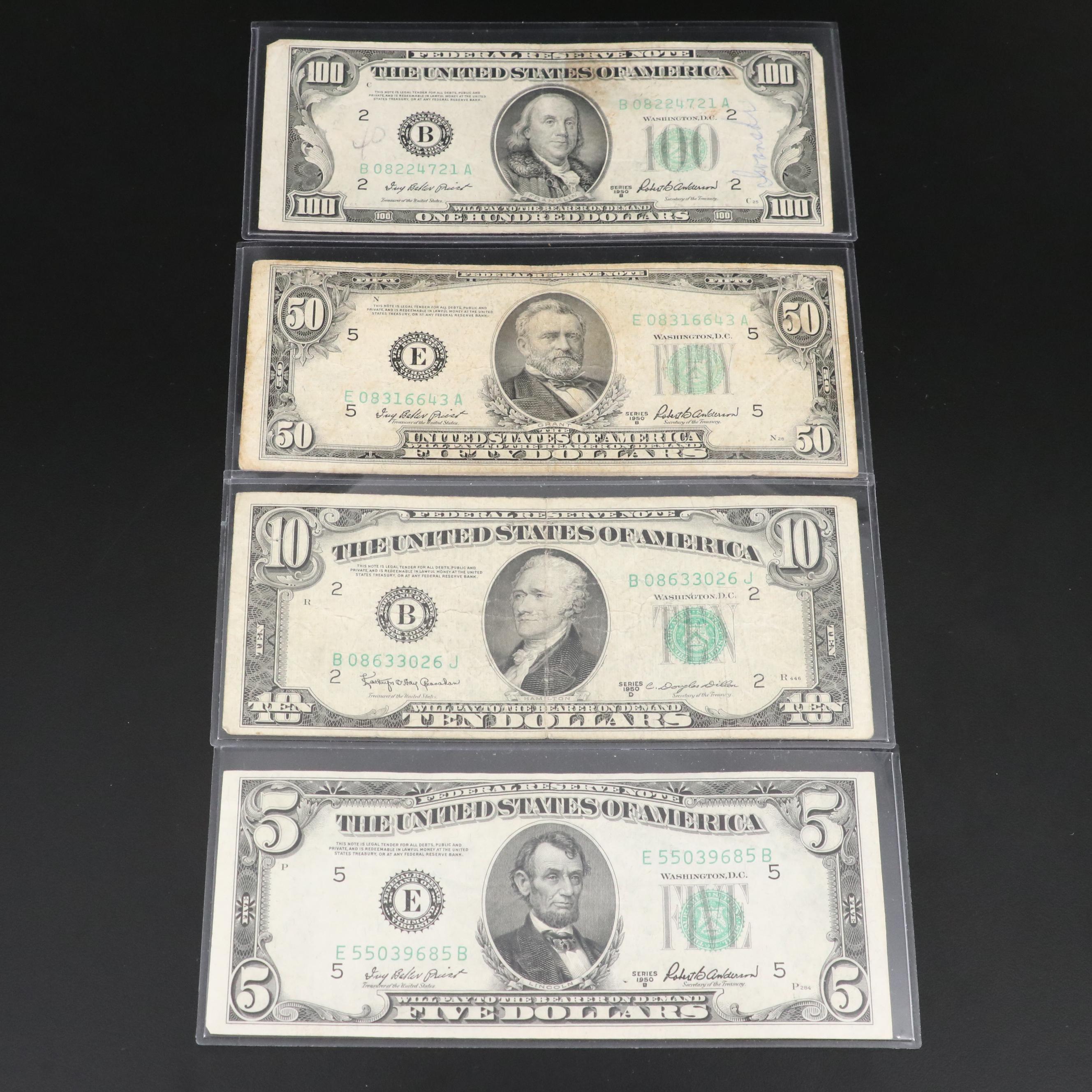 Group of Four Various U.S. Currency Notes Including a 1950 B $100 Federal