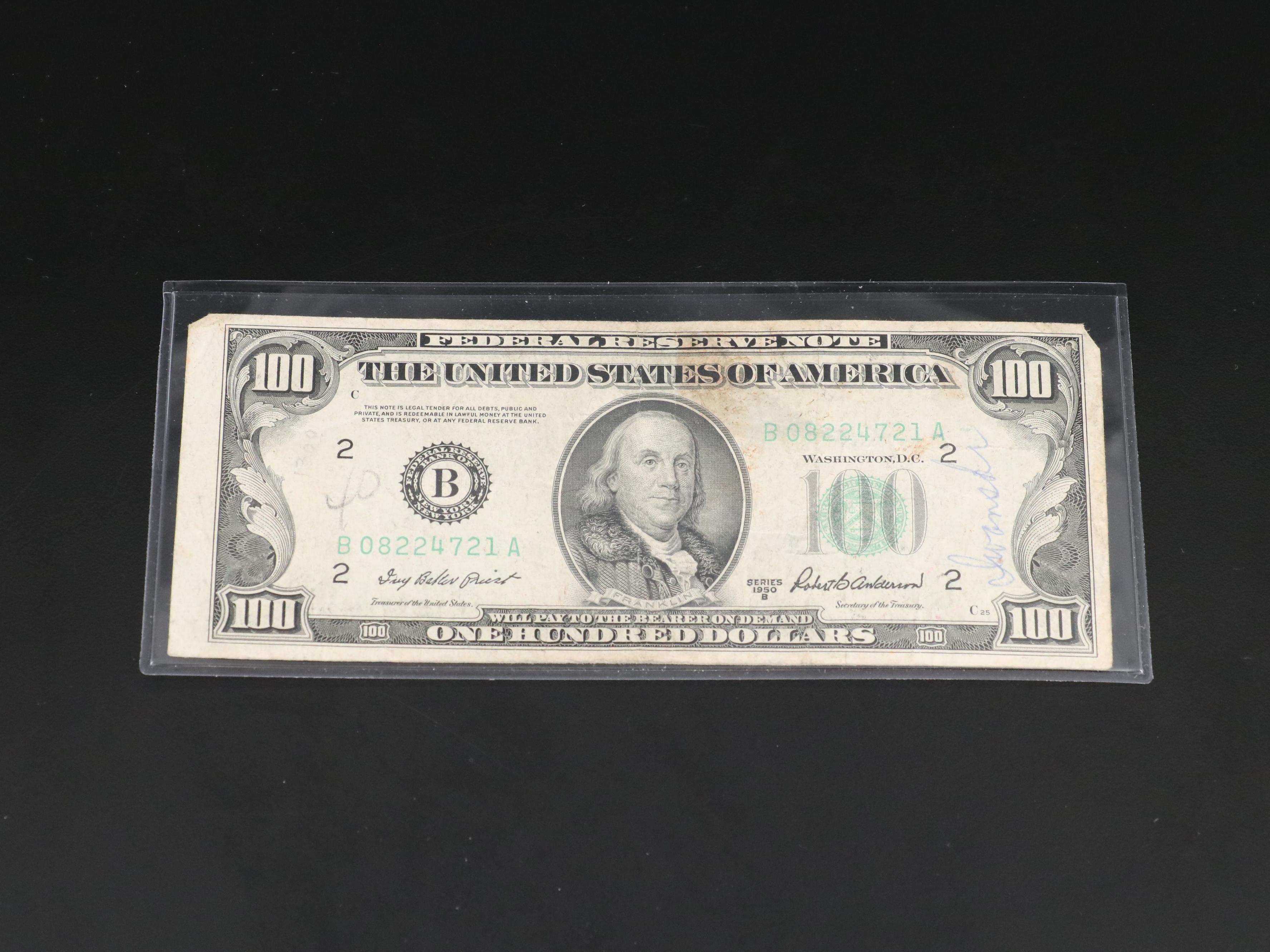 Group of Four Various U.S. Currency Notes Including a 1950 B $100 Federal