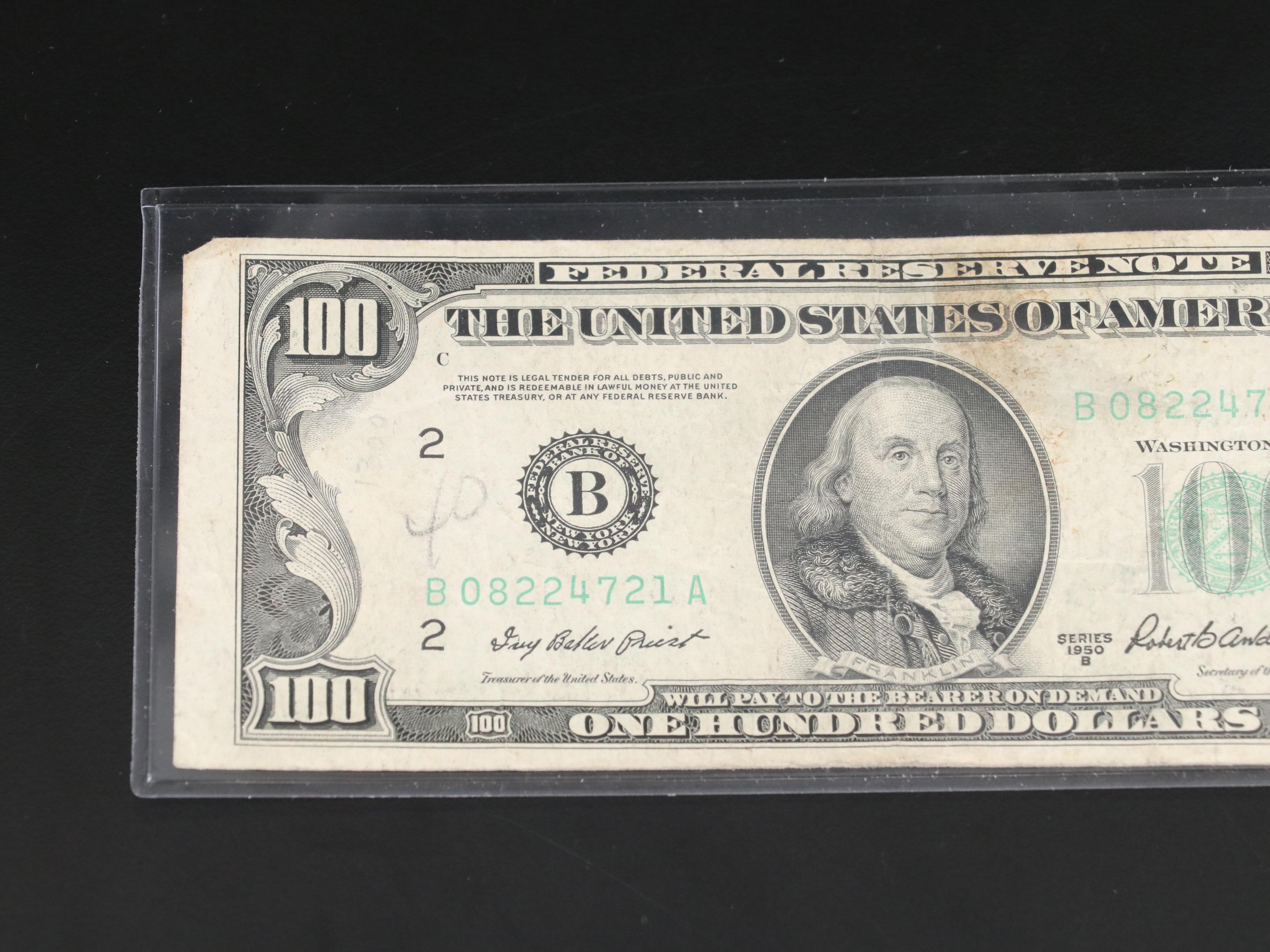 Group of Four Various U.S. Currency Notes Including a 1950 B $100 Federal