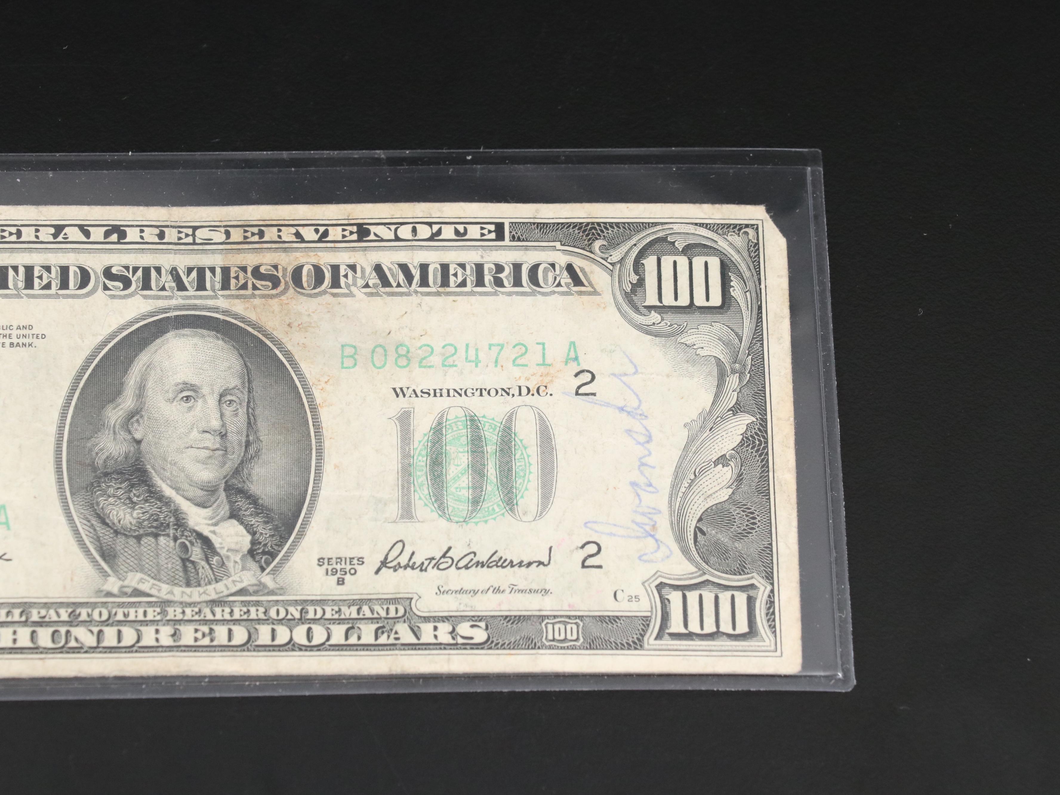 Group of Four Various U.S. Currency Notes Including a 1950 B $100 Federal