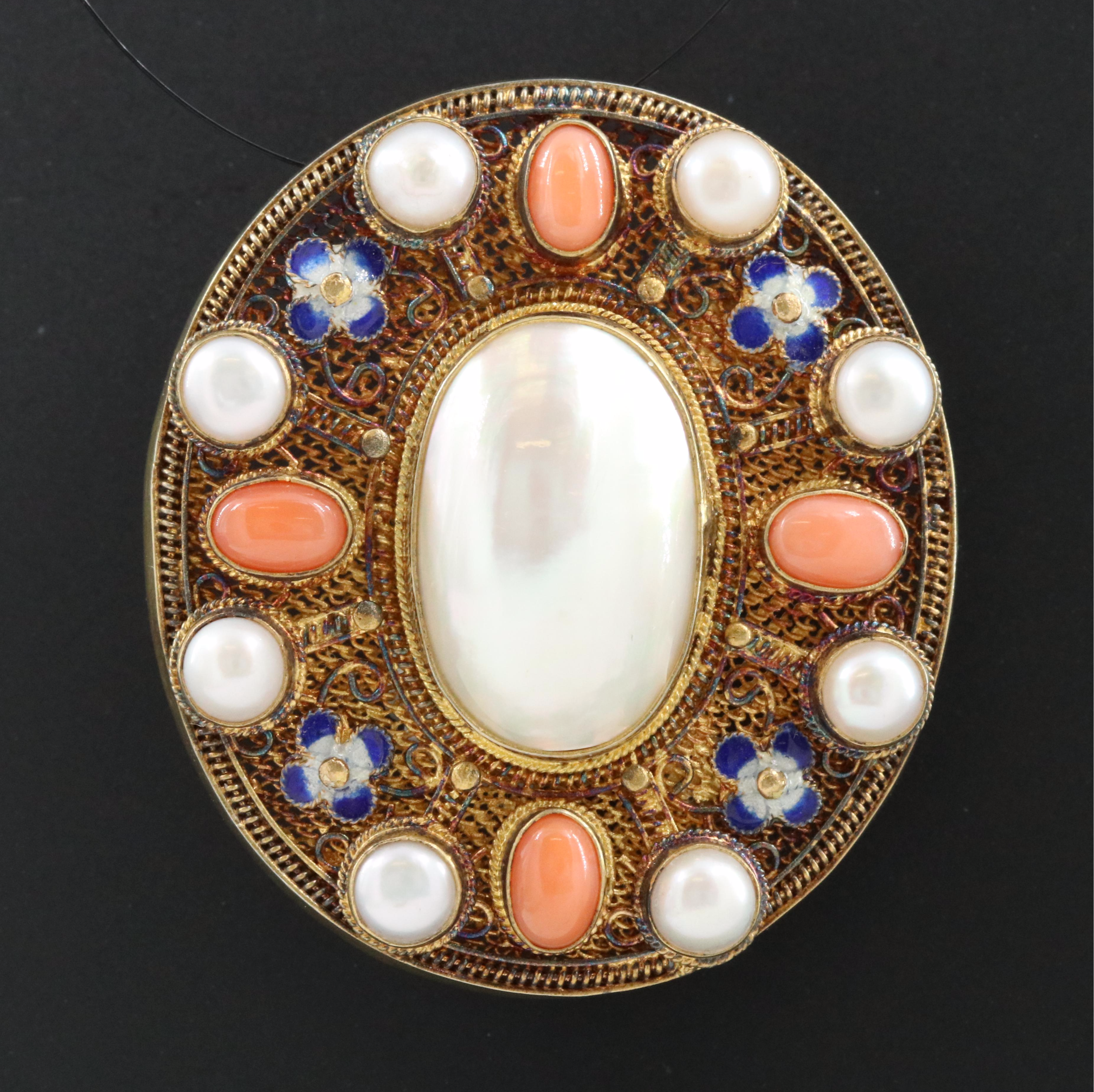Vintage Chinese Sterling Pearl, Coral & Enamel Floral Filigree Converter Brooch