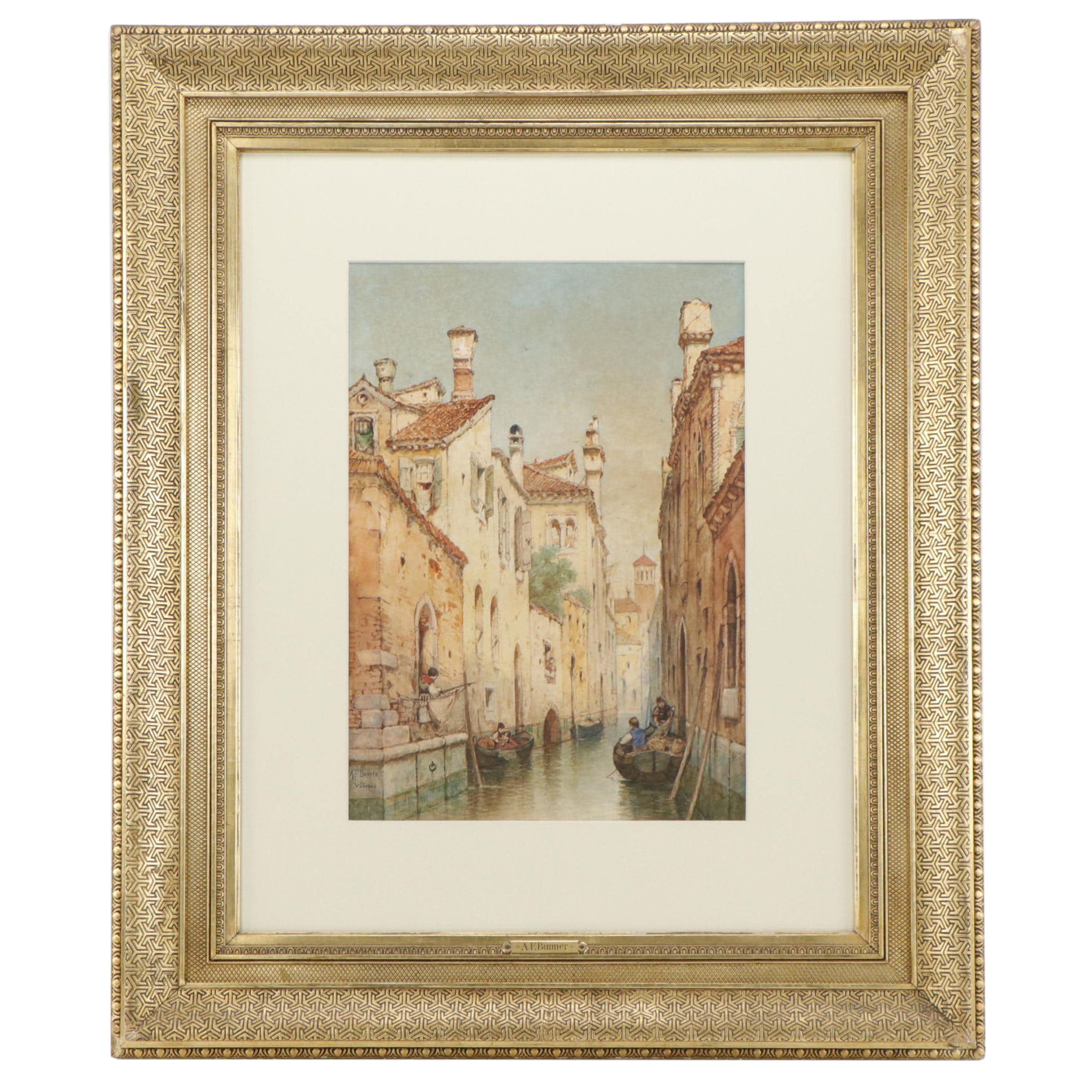 Andrew F. Bunner Venetian Canal Scene Watercolor Painting, Late 19th Century