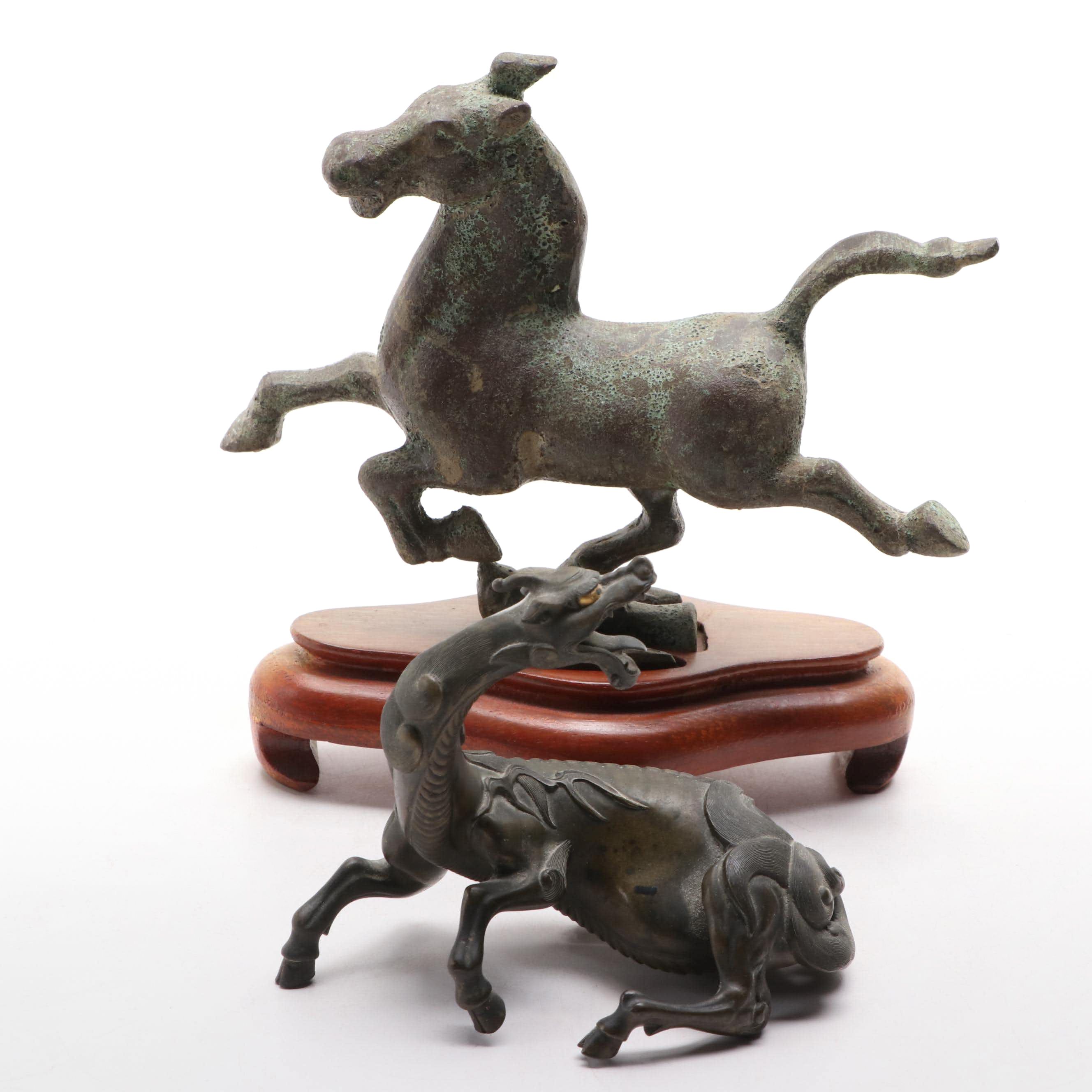 East Asian Cast Bronze Kirin Figure with Metal Flying Horse of Gazu Figurine