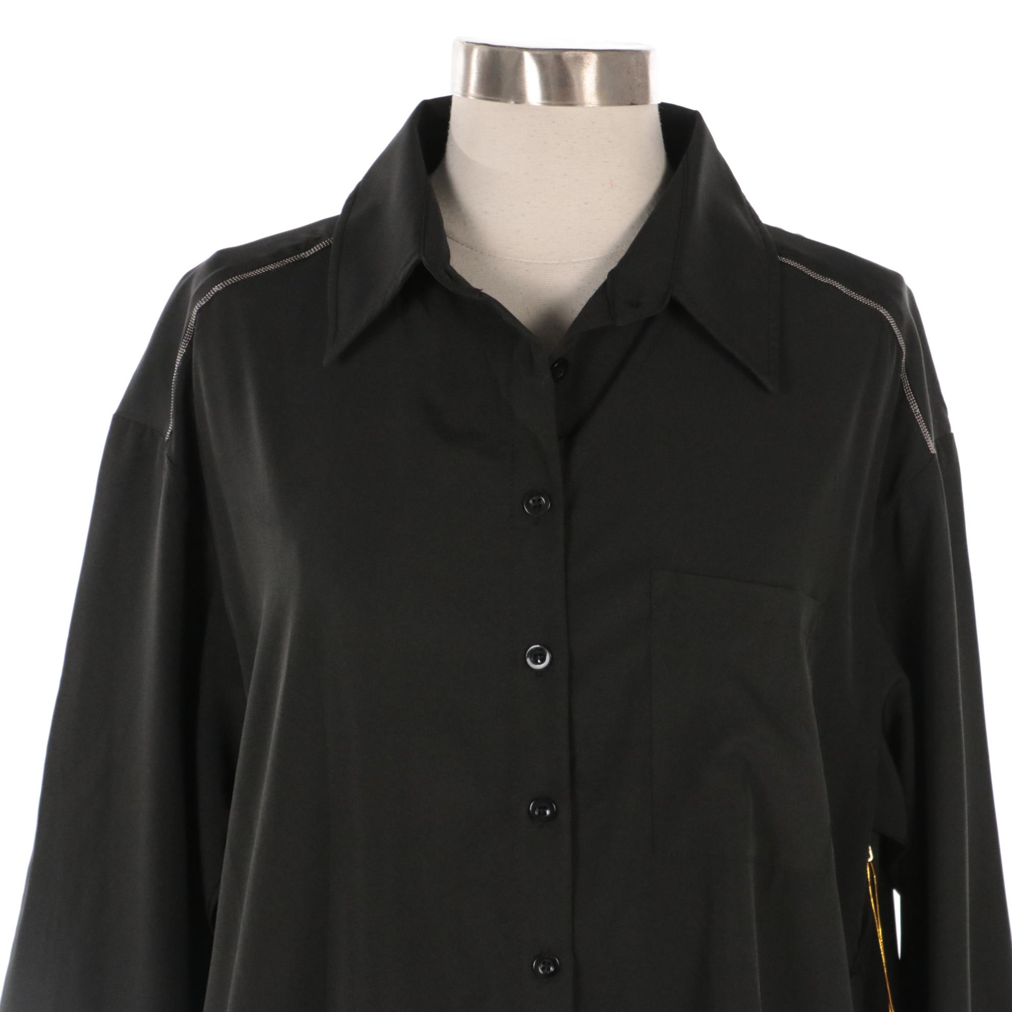 The Mighty Company Metallic Blue Lambskin Leather Jacket, Anna Irion Black Dress